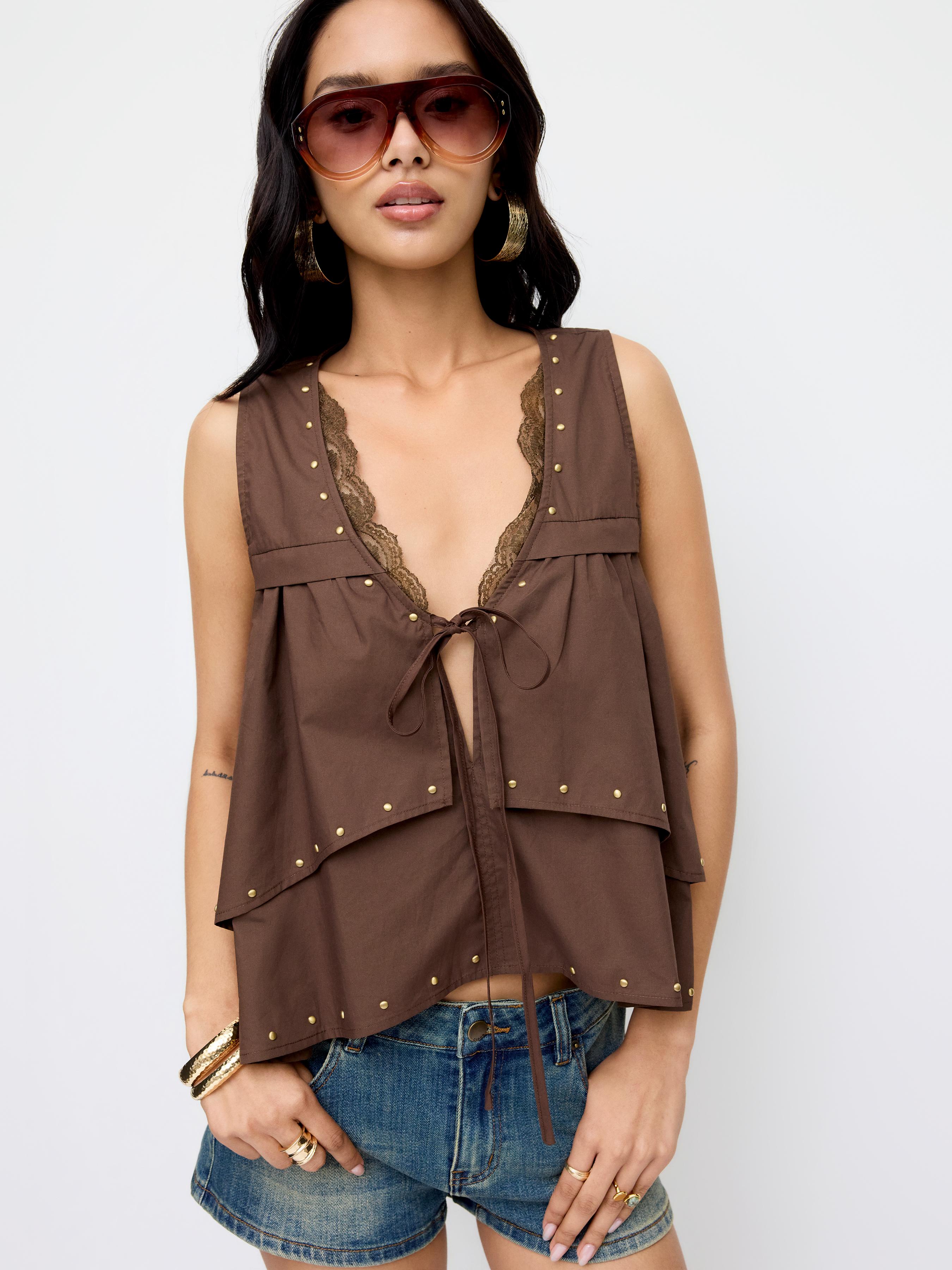 Cotton-blend Ruffled Studded Lace Trim Tie Front Tank Top by CIDER