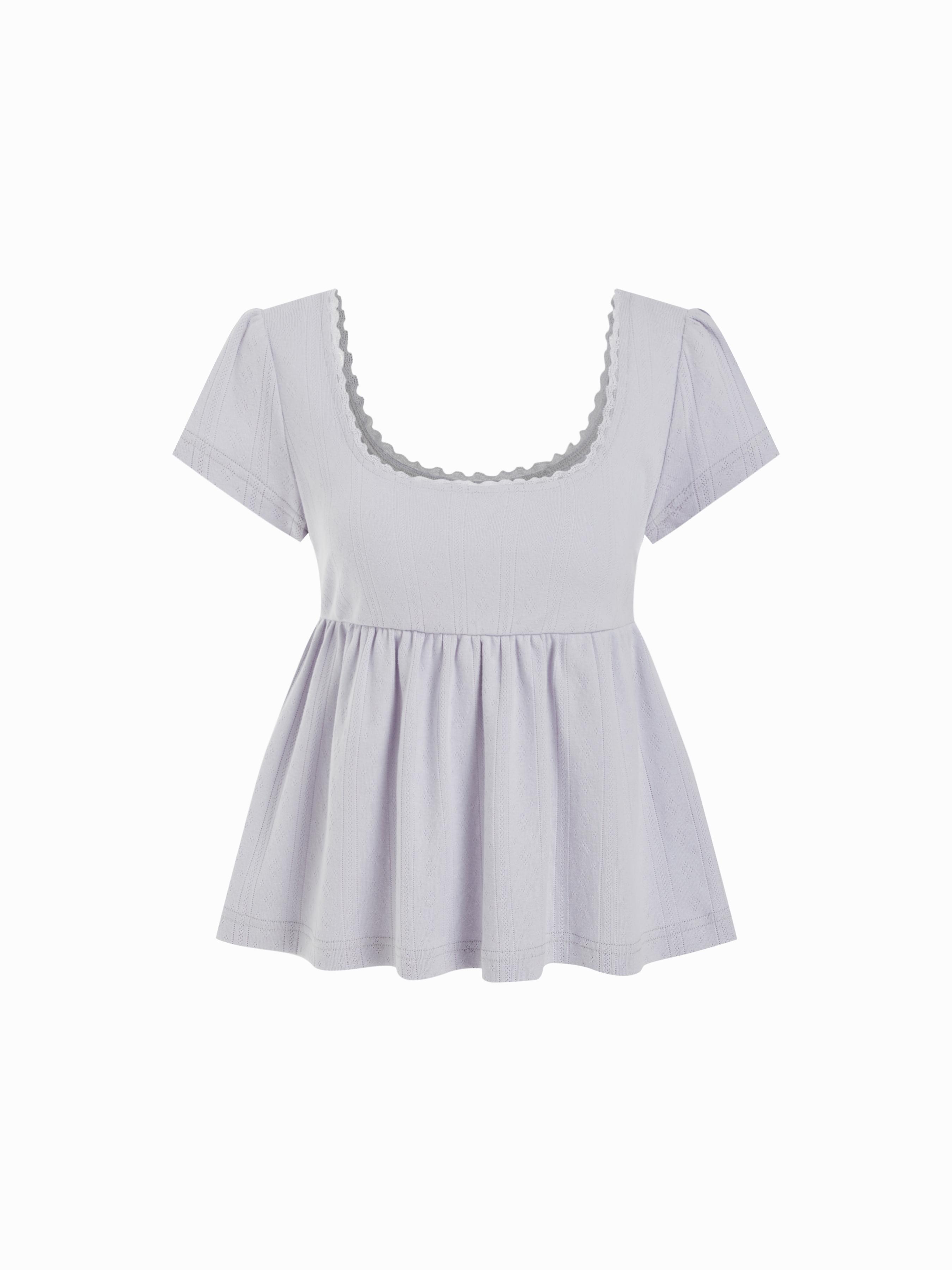 Cotton-blend Scoop Neck Babydoll Lace Trim Peplum Short Sleeve Top by CIDER