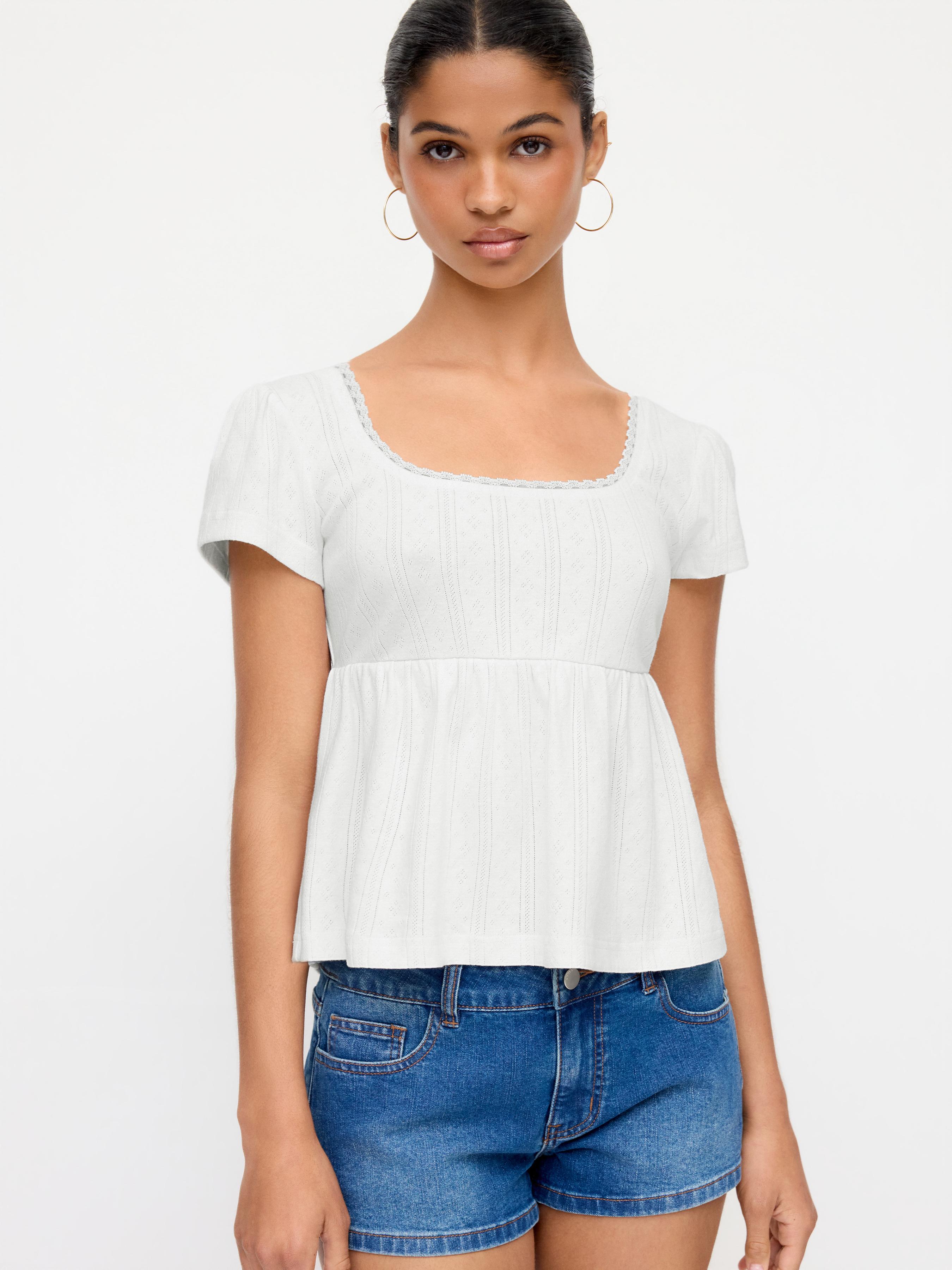 Cotton-blend Scoop Neck Babydoll Lace Trim Peplum Short Sleeve Top by CIDER