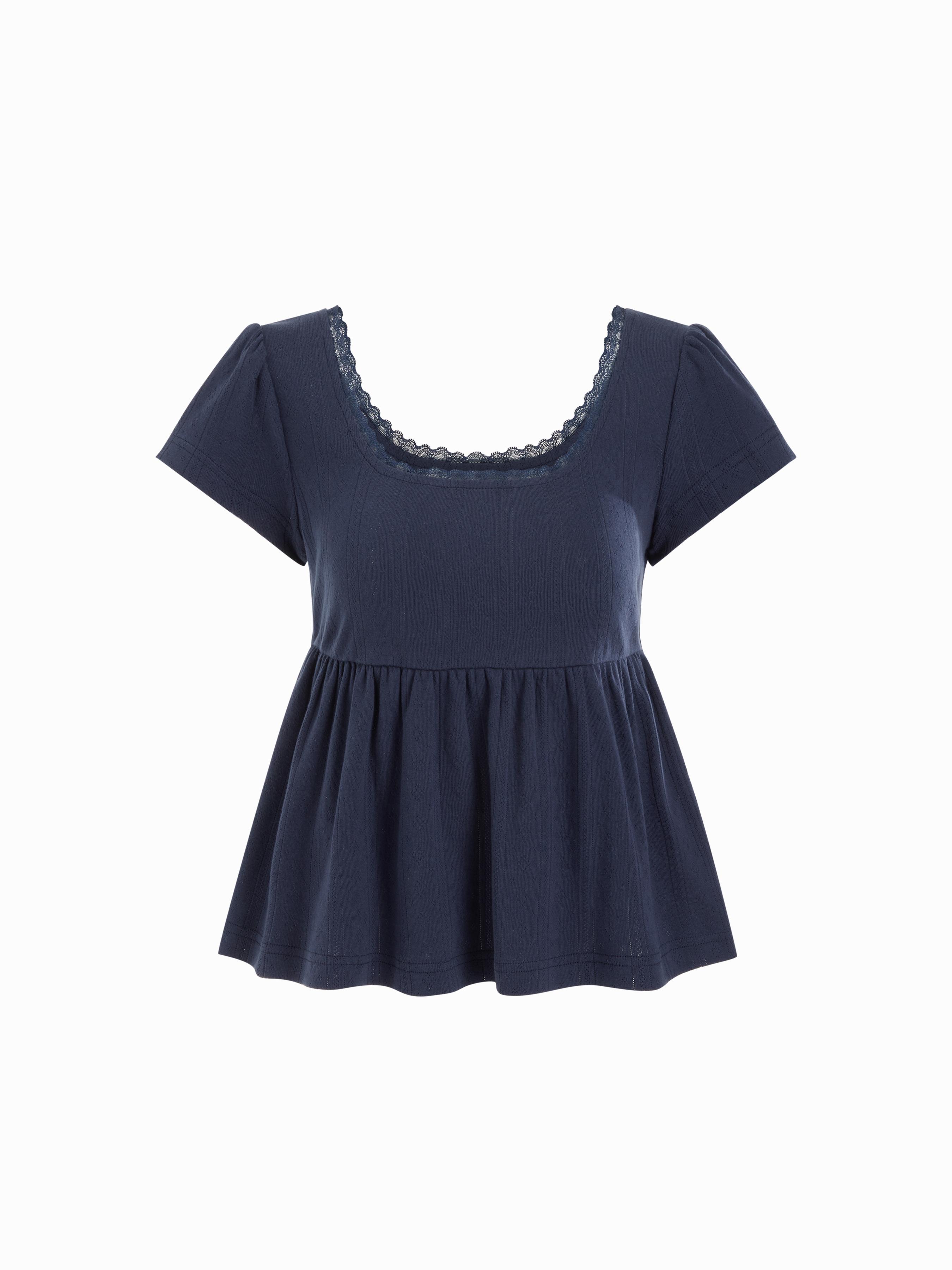 Cotton-blend Scoop Neck Babydoll Lace Trim Peplum Short Sleeve Top by CIDER