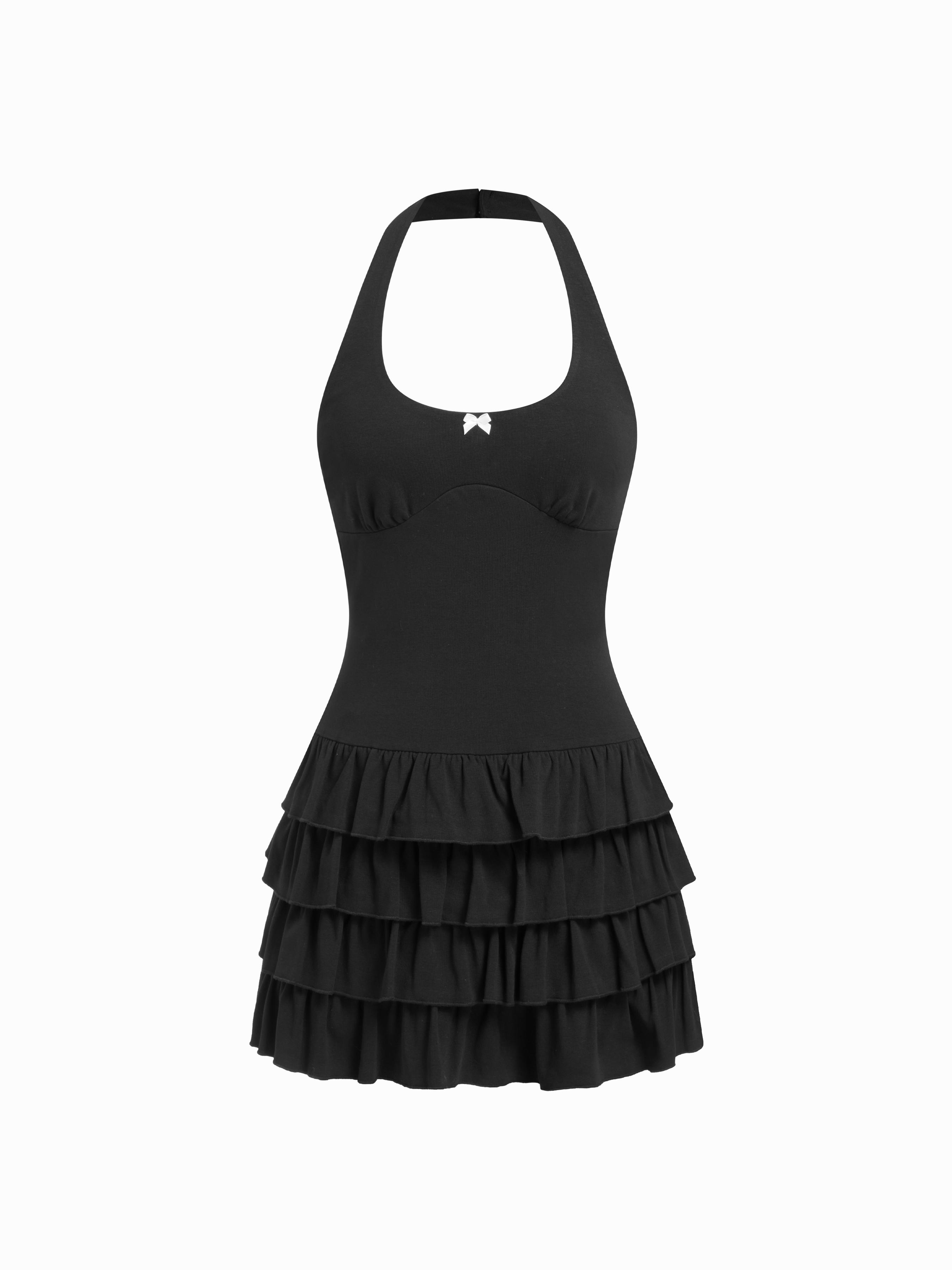 Cotton-blend Scoop Neck Bowknot Tiered Mini Dress by CIDER