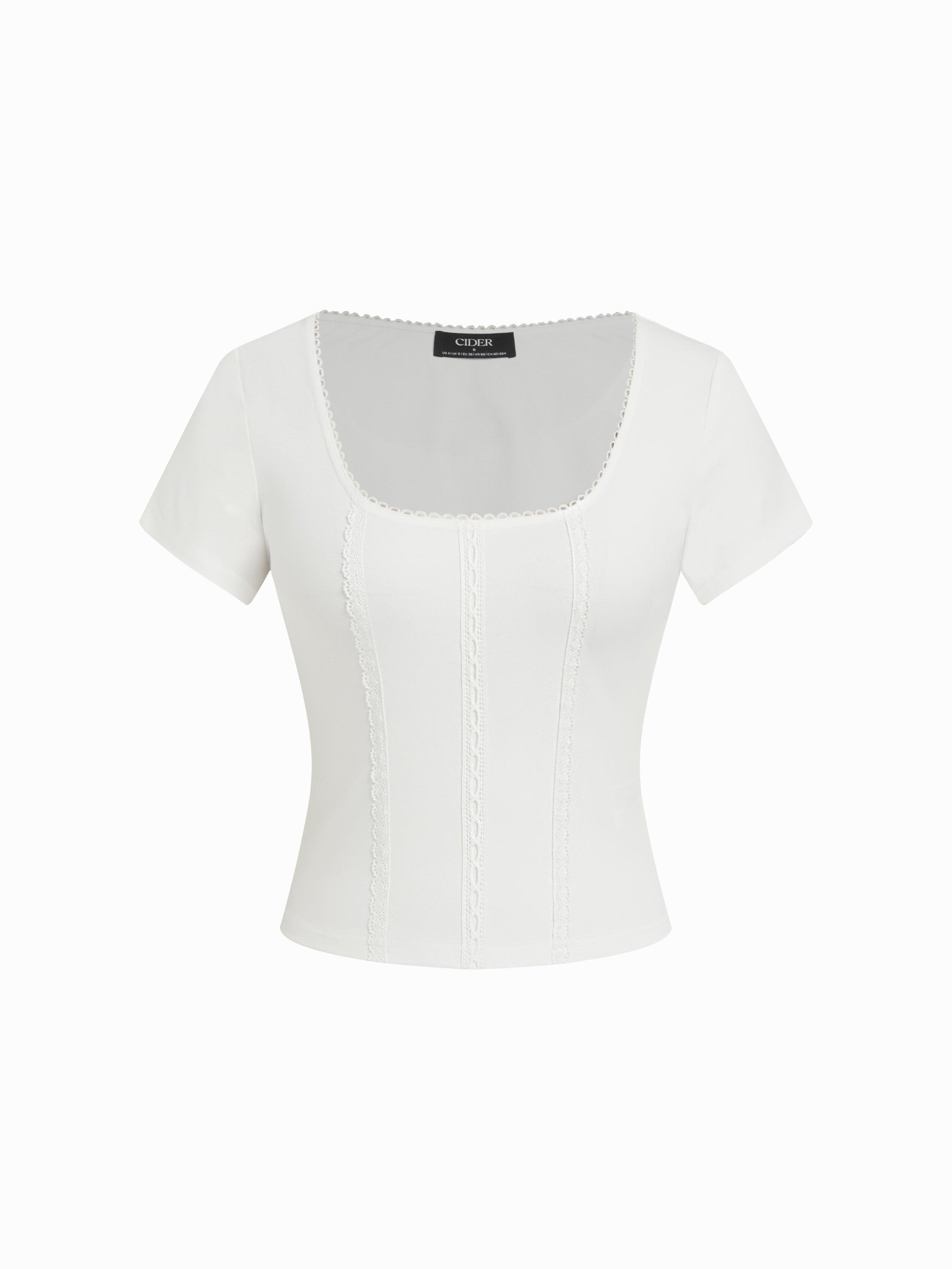 Cotton-blend Scoop Neck Lace Panel Lace Trim Short Sleeve Tee by CIDER