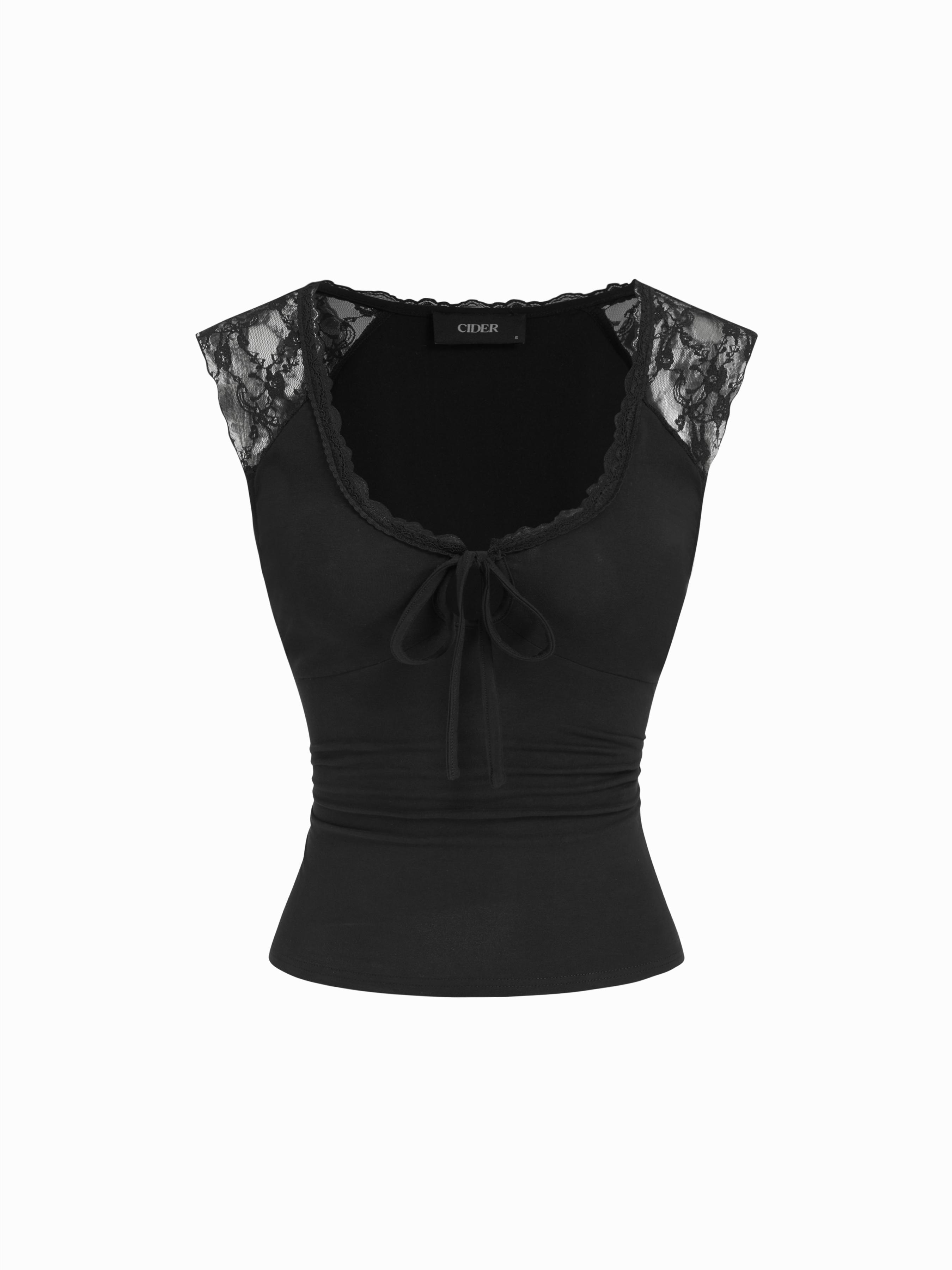 Cotton-blend Scoop Neck Lace Panel Tie-front Tank Top by CIDER