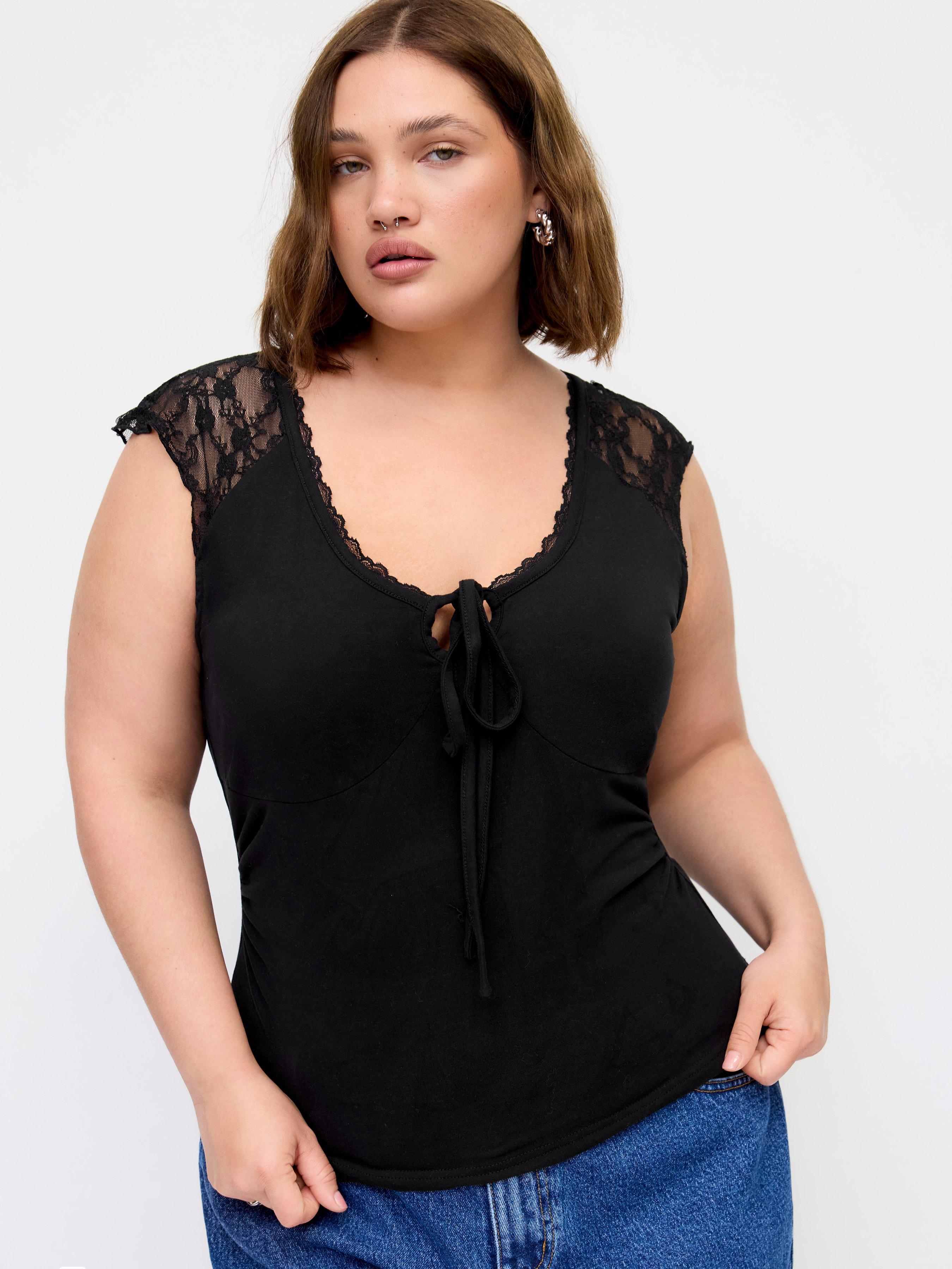 Cotton-blend Scoop Neck Lace Panel Tie-front Tank Top Curve & Plus by CIDER