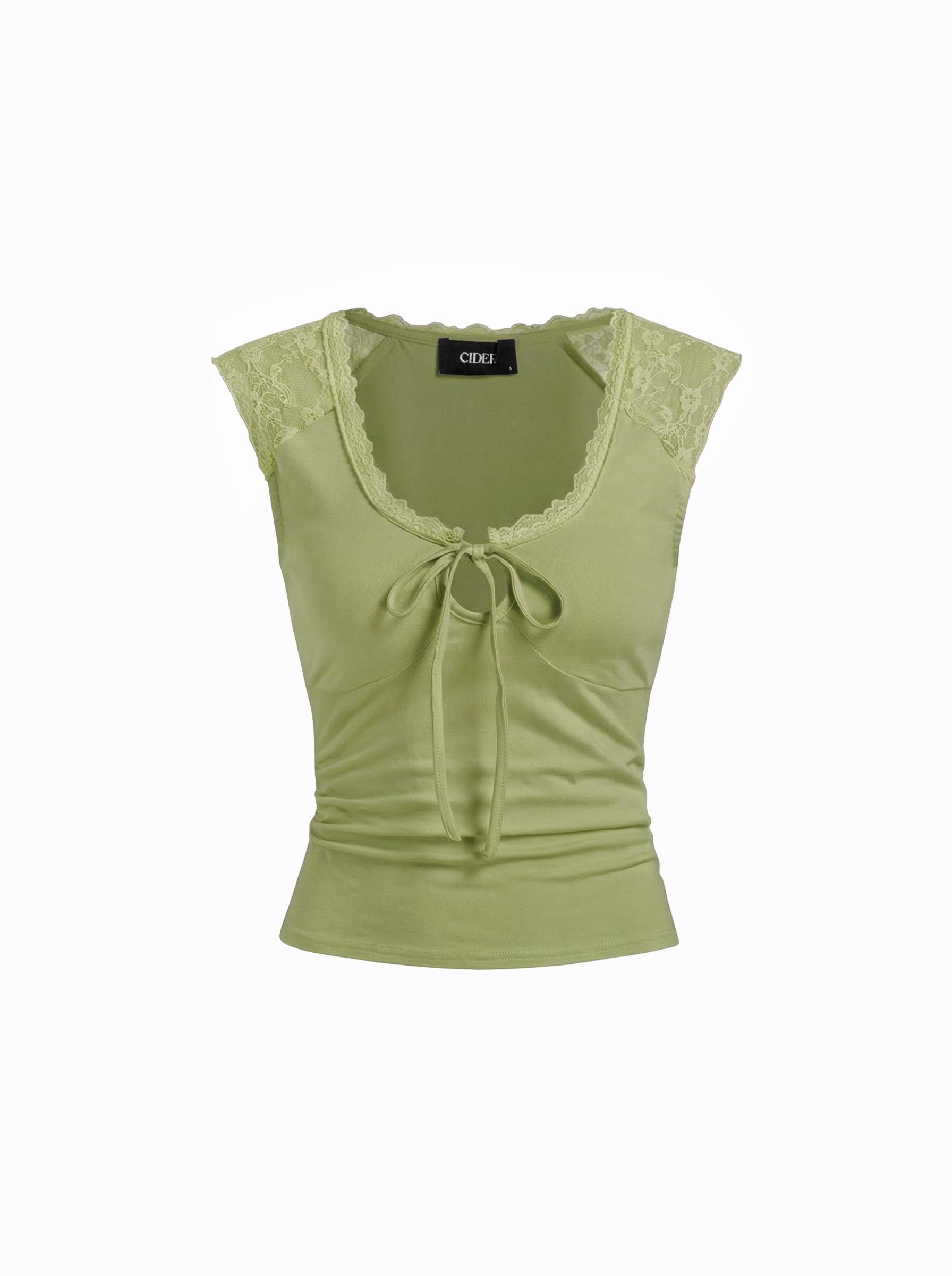 Cotton-blend Scoop Neck Lace Panel Tie-front Tank Top by CIDER