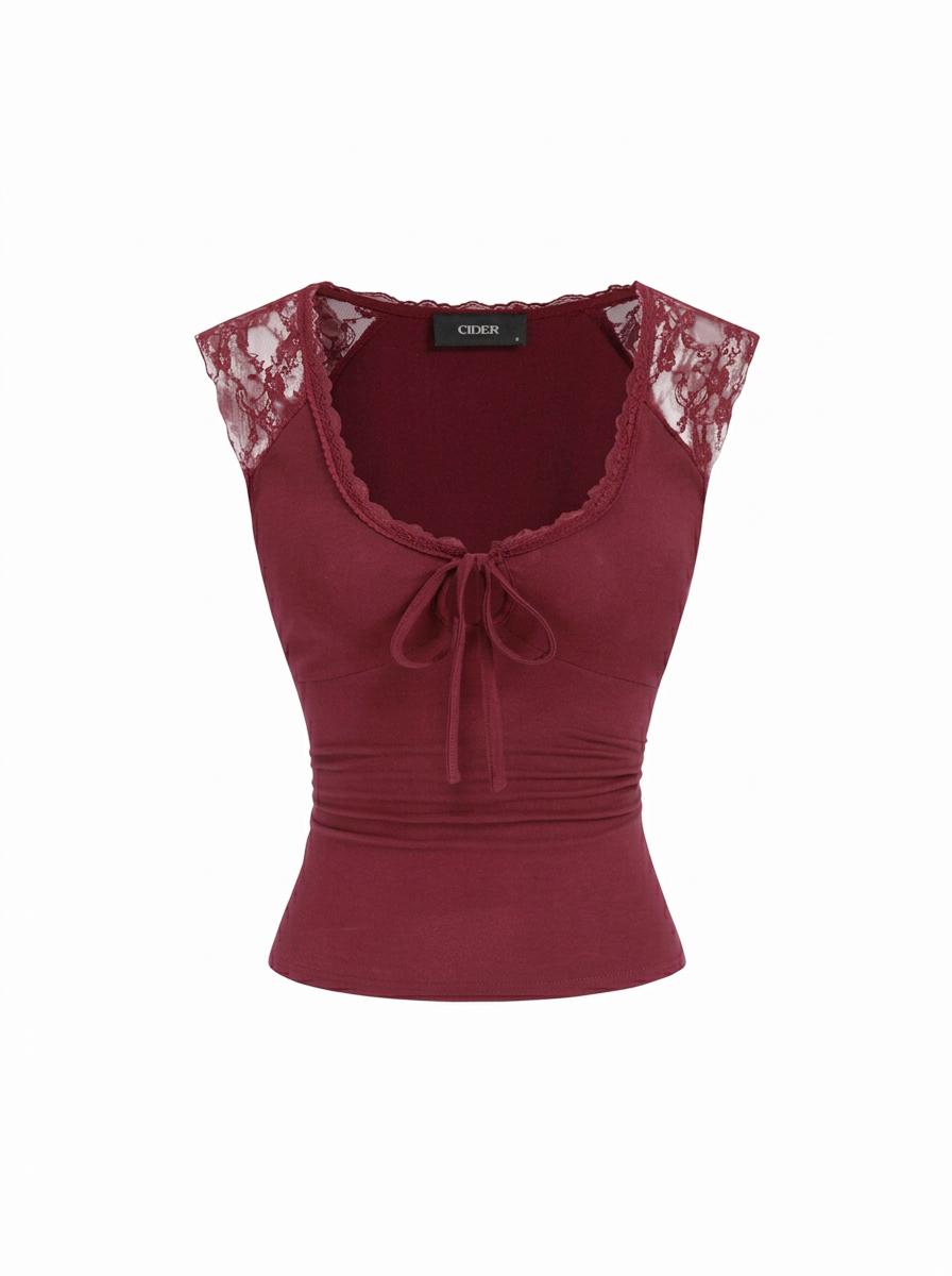 Cotton-blend Scoop Neck Lace Panel Tie-front Tank Top by CIDER