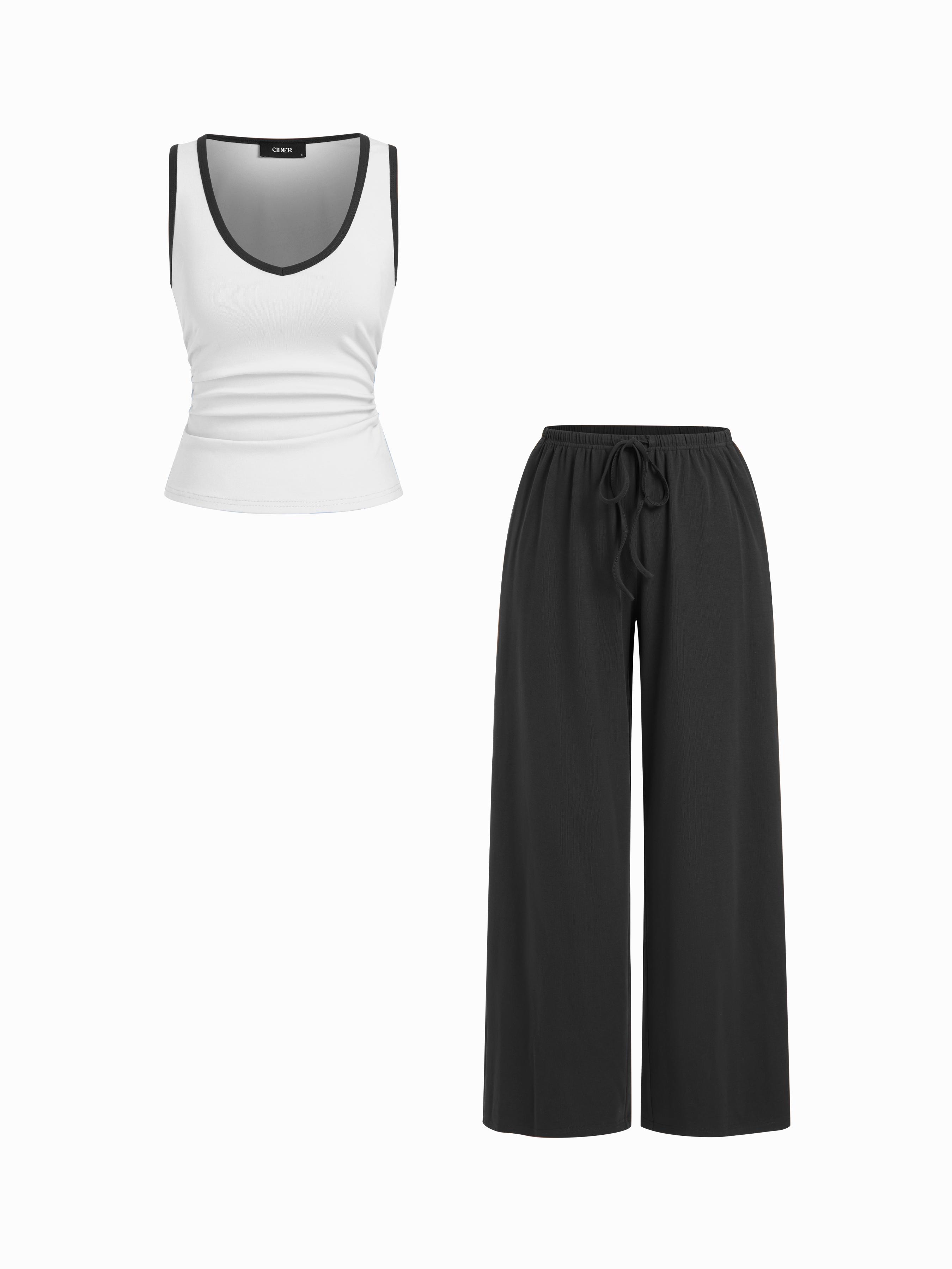 Cotton-blend Scoop Neck Two Tone Ruched Tank & Mid Rise Drawstring Straight Leg Trousers Set by CIDER