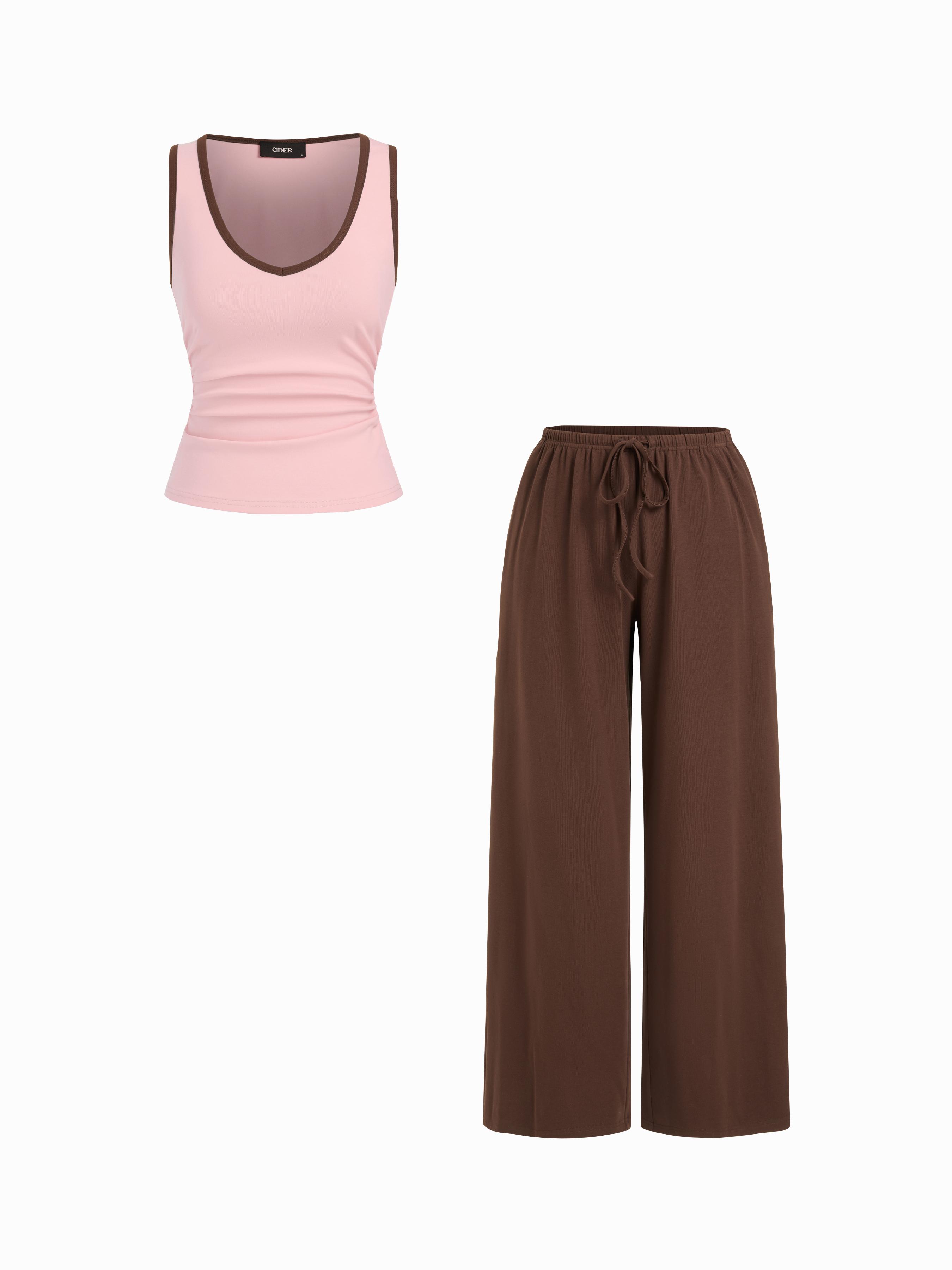 Cotton-blend Scoop Neck Two Tone Ruched Tank & Mid Rise Drawstring Straight Leg Trousers Set by CIDER