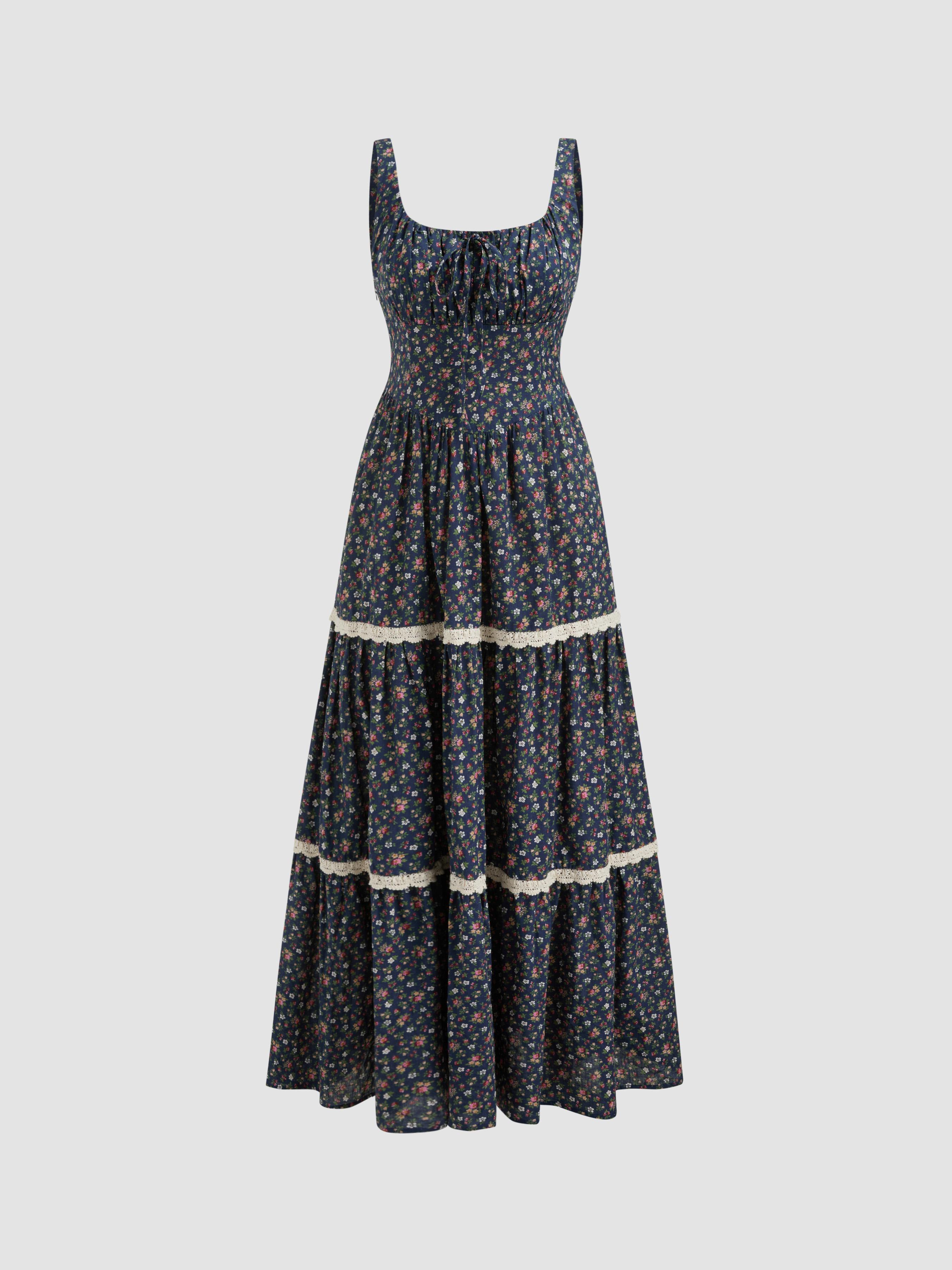 Cotton-blend Scoop Neckline Floral Lace Trim Knotted Tiered Maxi Dress by CIDER