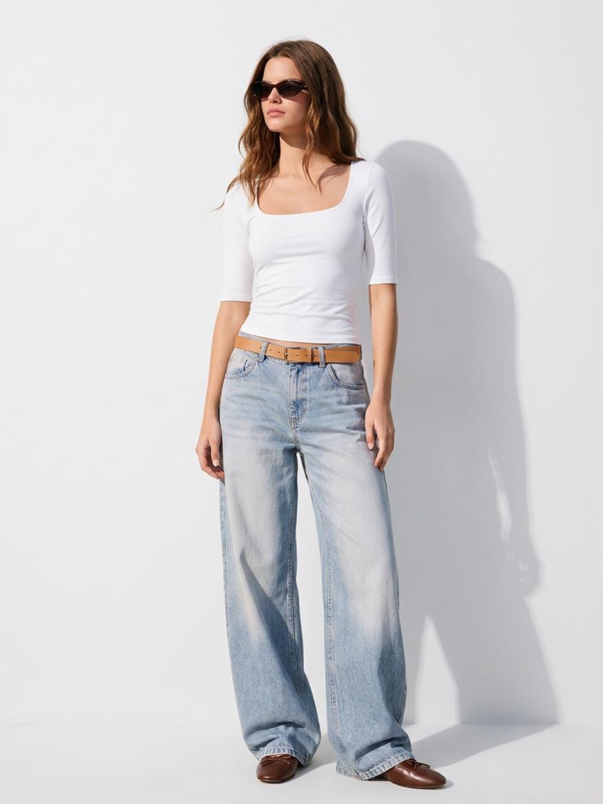Cotton-blend Scoop Neckline Mid-length Sleeve Tee by CIDER