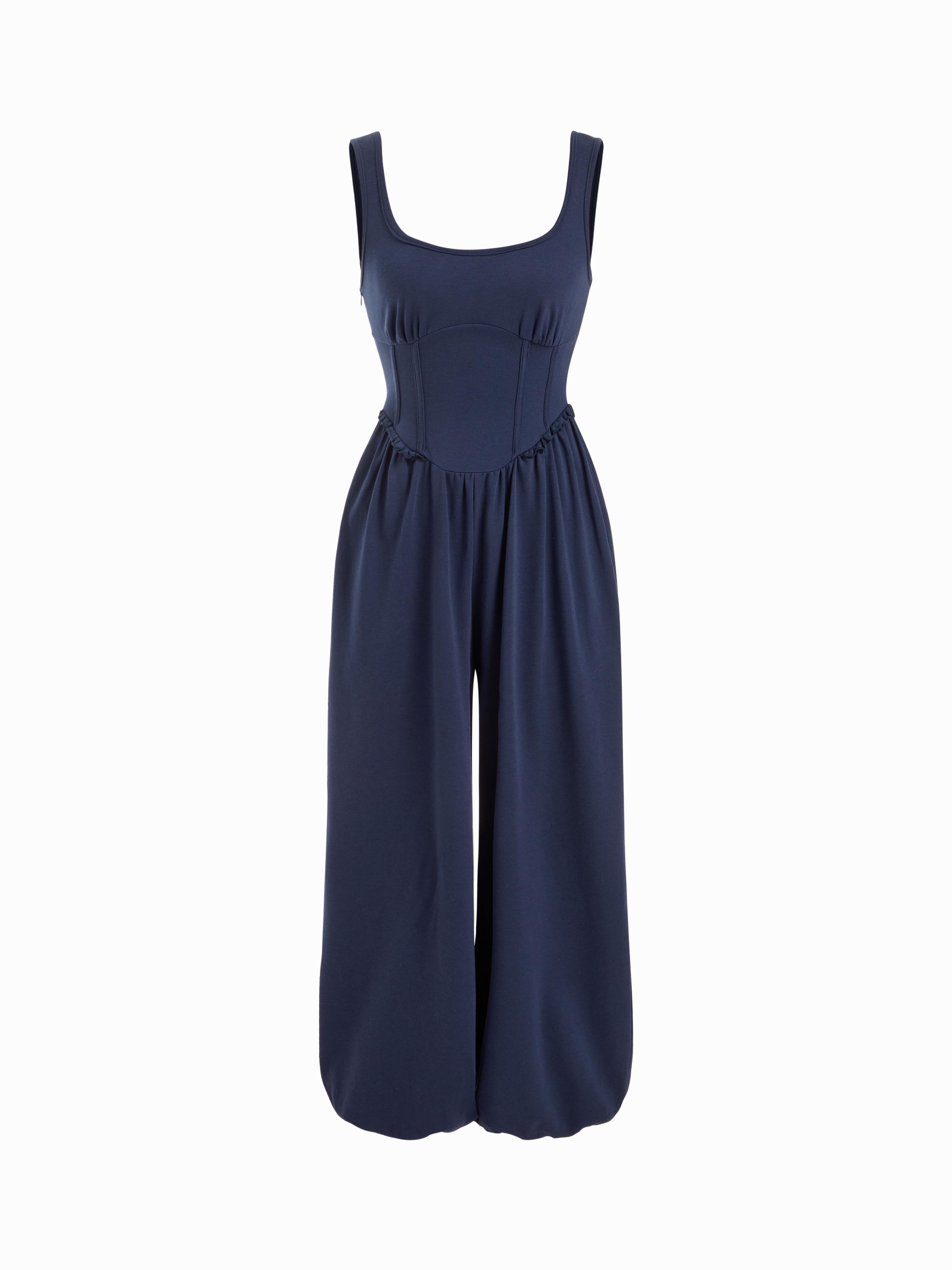 Cotton-blend Scoop Neckline Ruched High Rise Bloomer Jumpsuit by CIDER