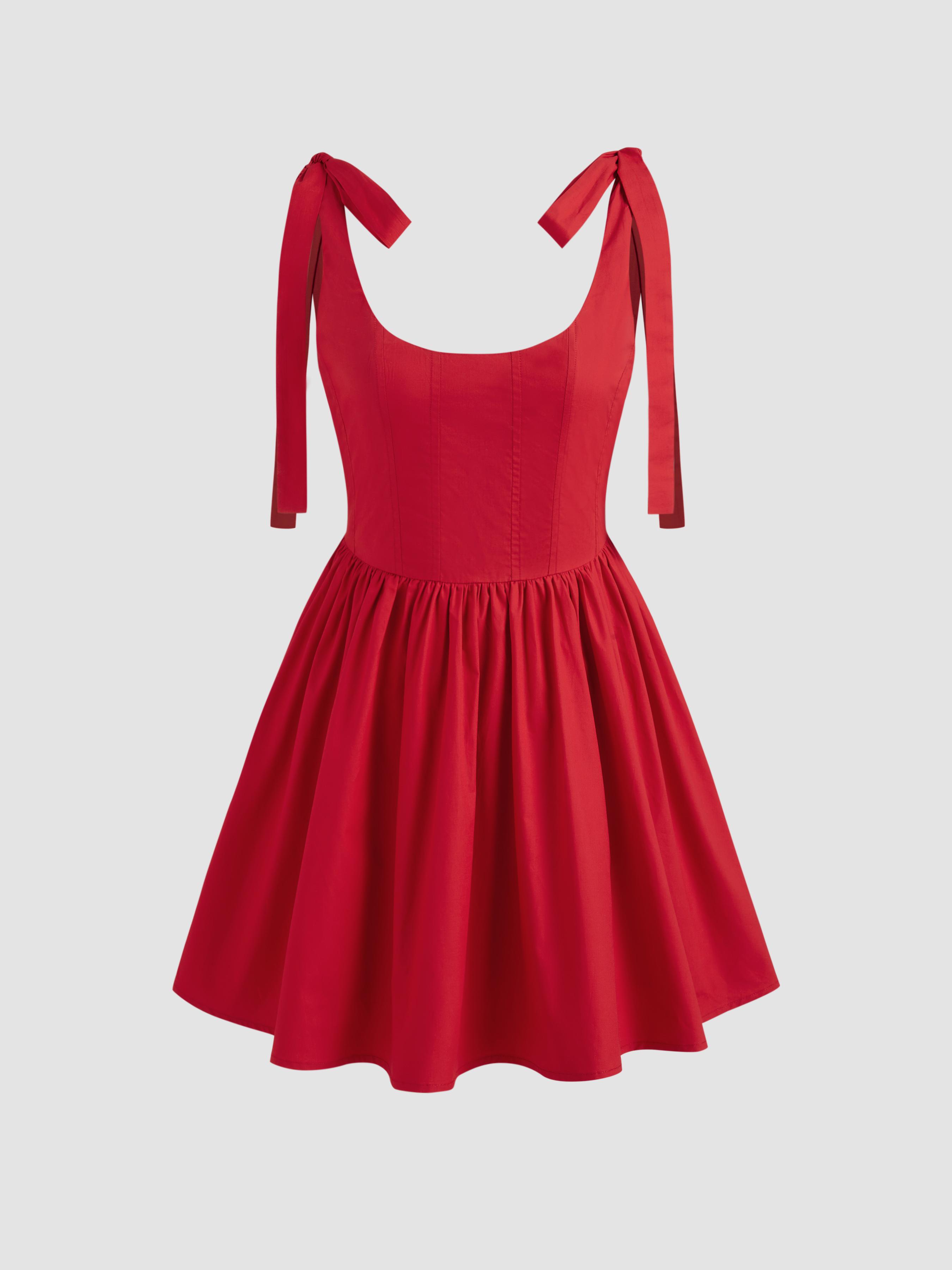 Cotton-blend Scoop Neckline Solid Knotted Ruffle Mini Dress by CIDER