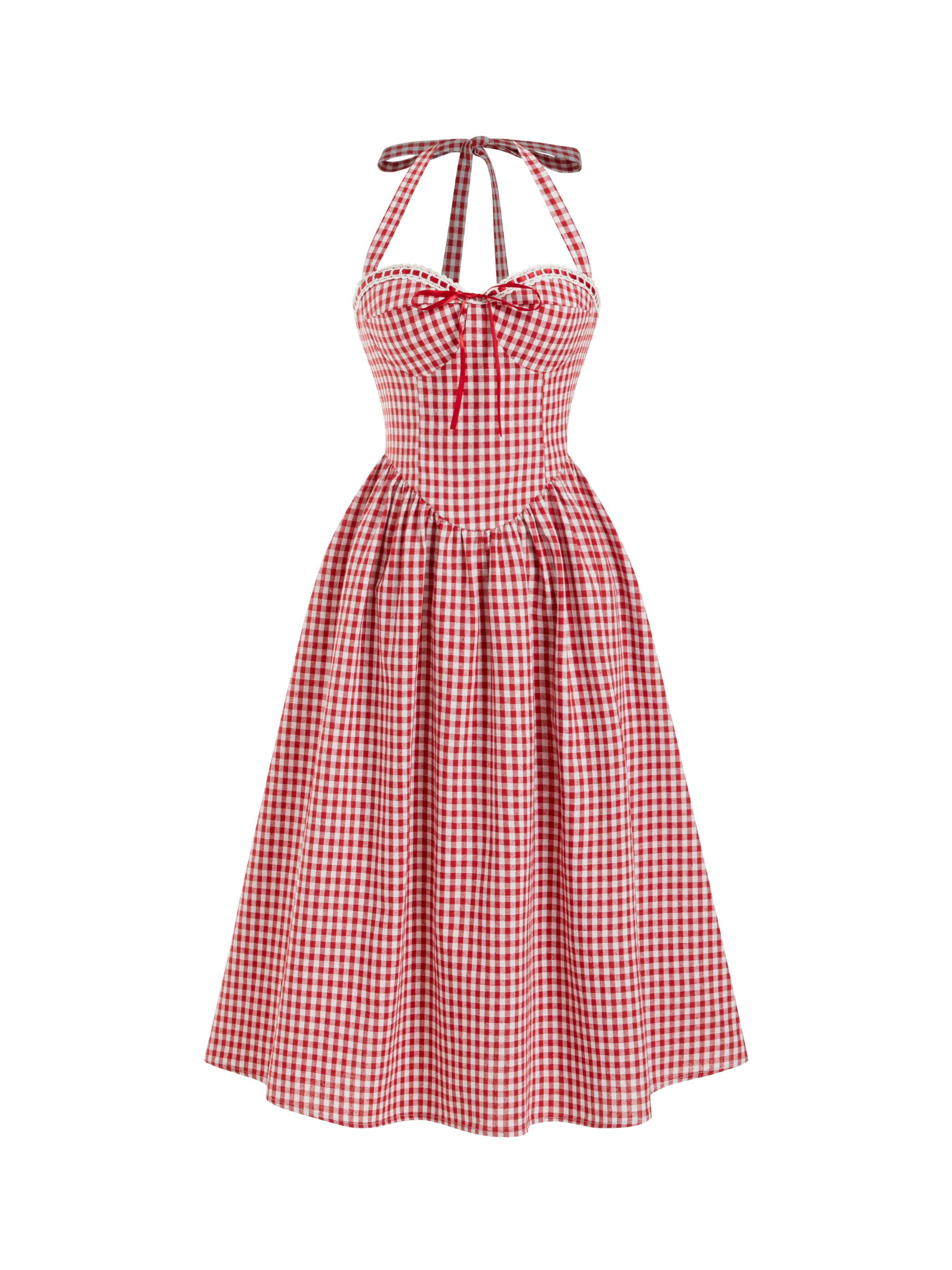 Cotton-blend Sculptural Gingham Halter Neckline Shirred A-line Maxi Dress by CIDER