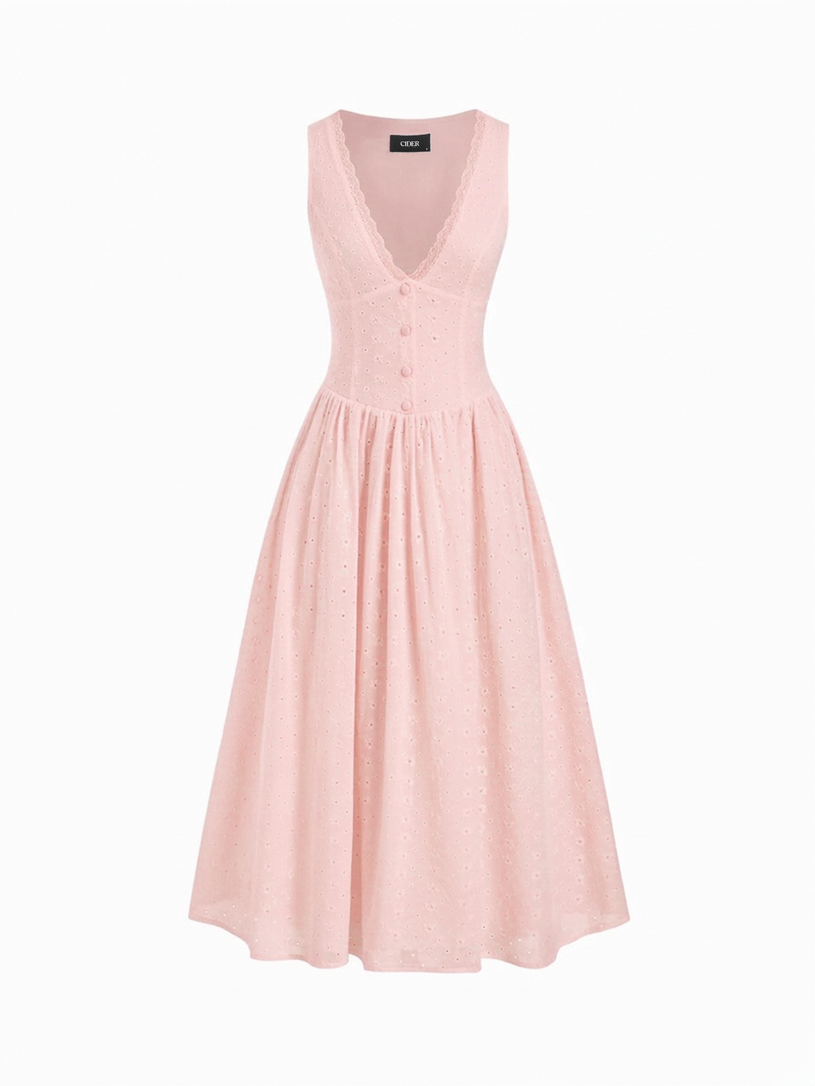 Cotton-blend Sculptural V-neck Broderie Anglaise Floral Lace Trim Button Midi Dress by CIDER