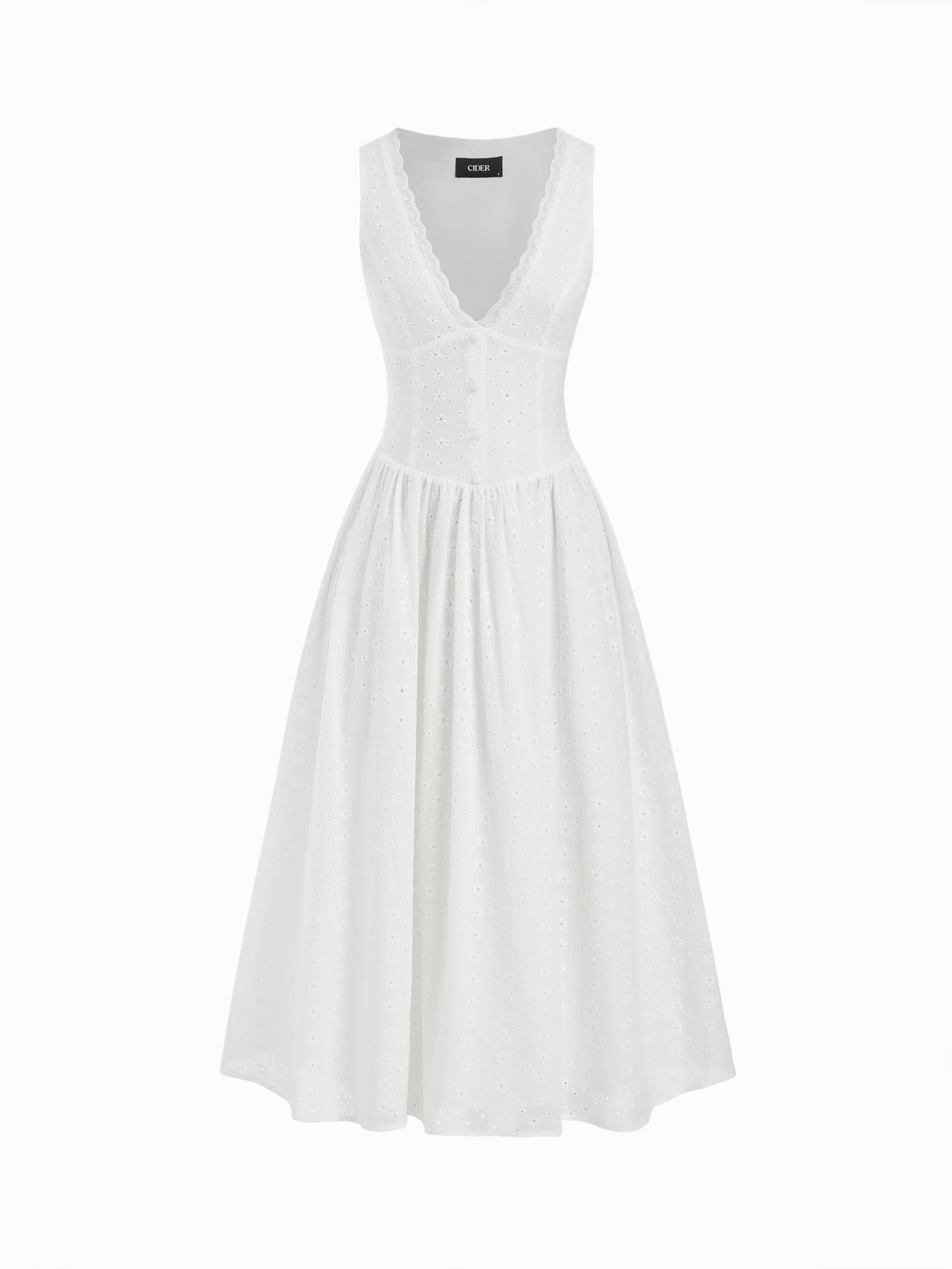 Cotton-blend Sculptural V-neck Broderie Anglaise Floral Lace Trim Button Midi Dress by CIDER