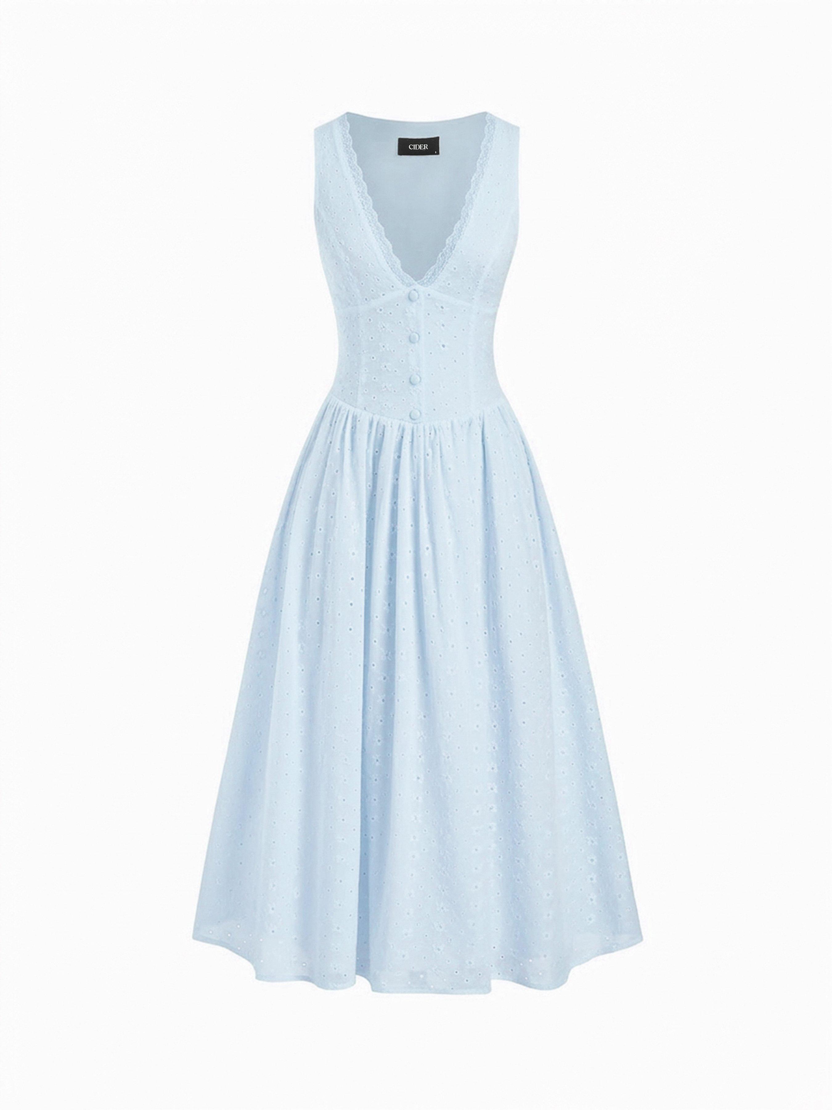 Cotton-blend Sculptural V-neck Broderie Anglaise Floral Lace Trim Button Midi Dress by CIDER