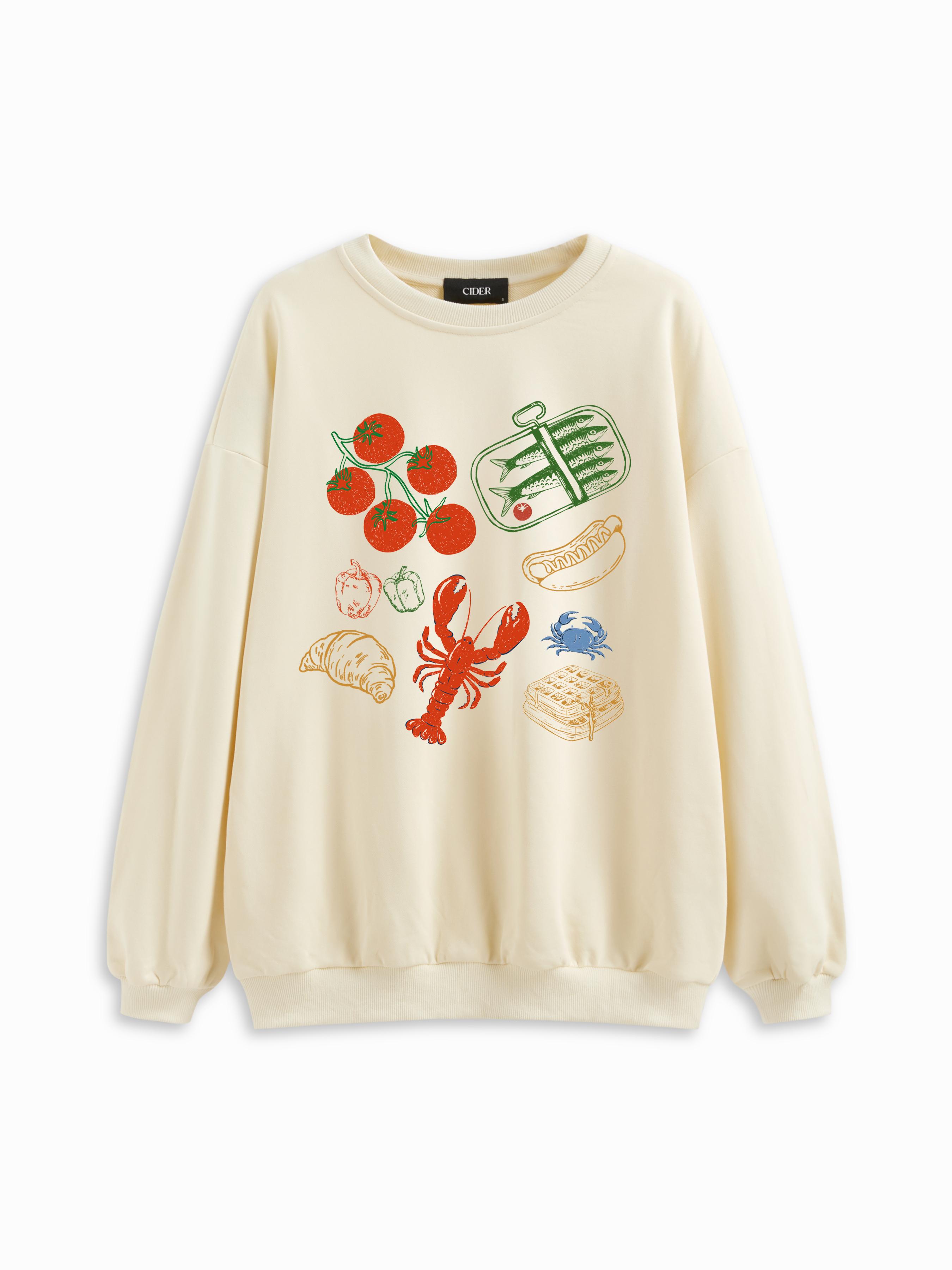 Cotton-blend Seafood & Vegetable Graphic Oversized Sweatshirt by CIDER