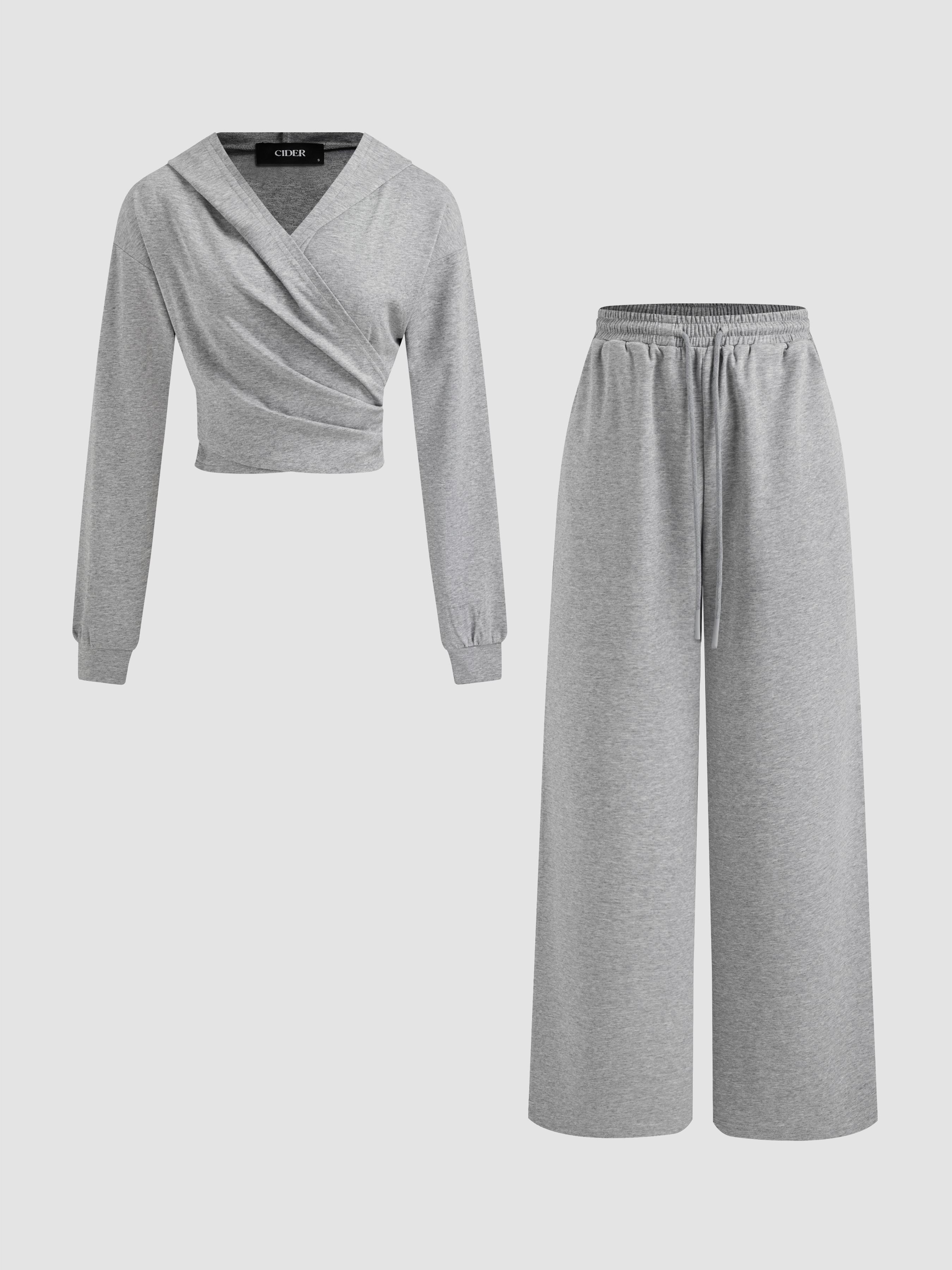 Cotton-blend Solid Ruched Hoodie & Mid Rise Elastic Waist Knotted Straight Leg Trousers Set by CIDER
