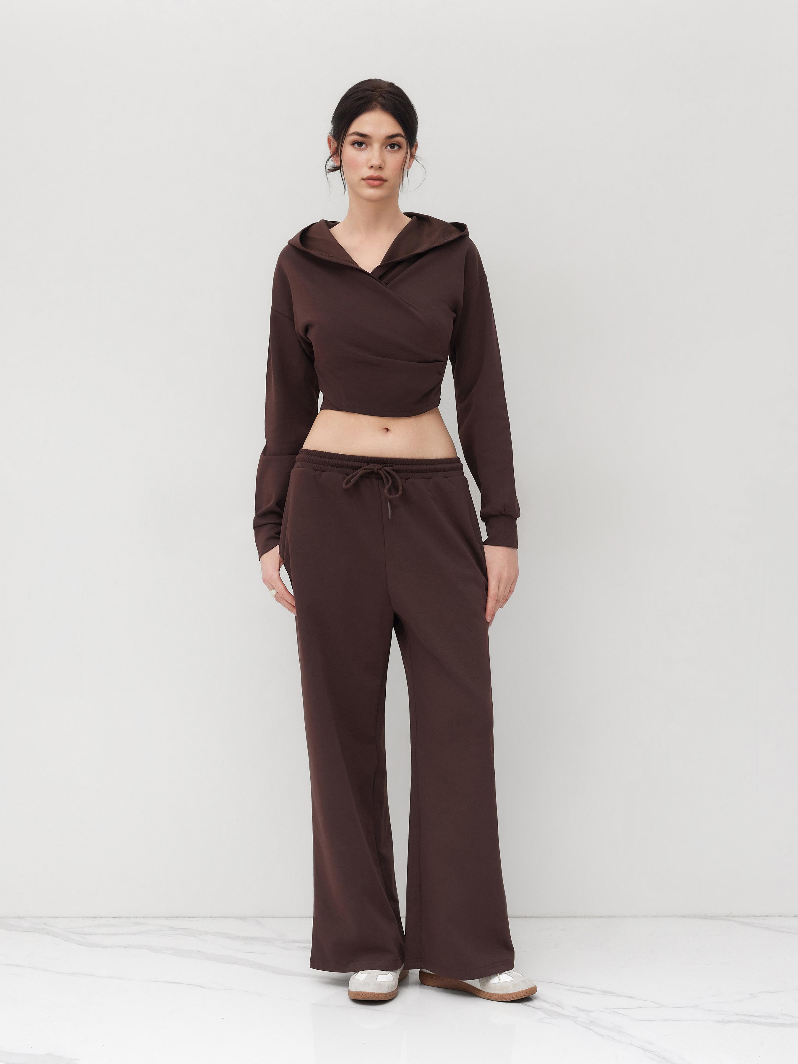 Cotton-blend Solid Ruched Hoodie & Mid Rise Elastic Waist Knotted Straight Leg Trousers Set by CIDER
