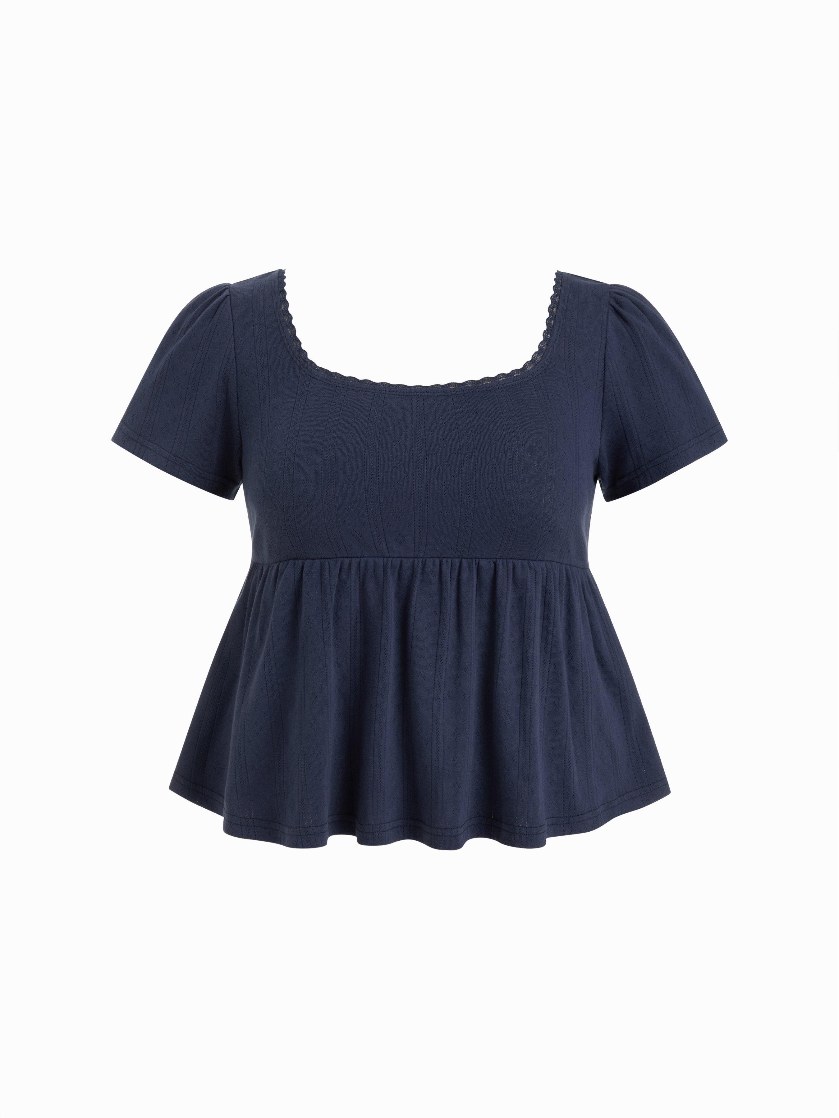 Cotton-blend Square Neck Babydoll Lace Trim Peplum Short Sleeve Top Curve & Plus by CIDER