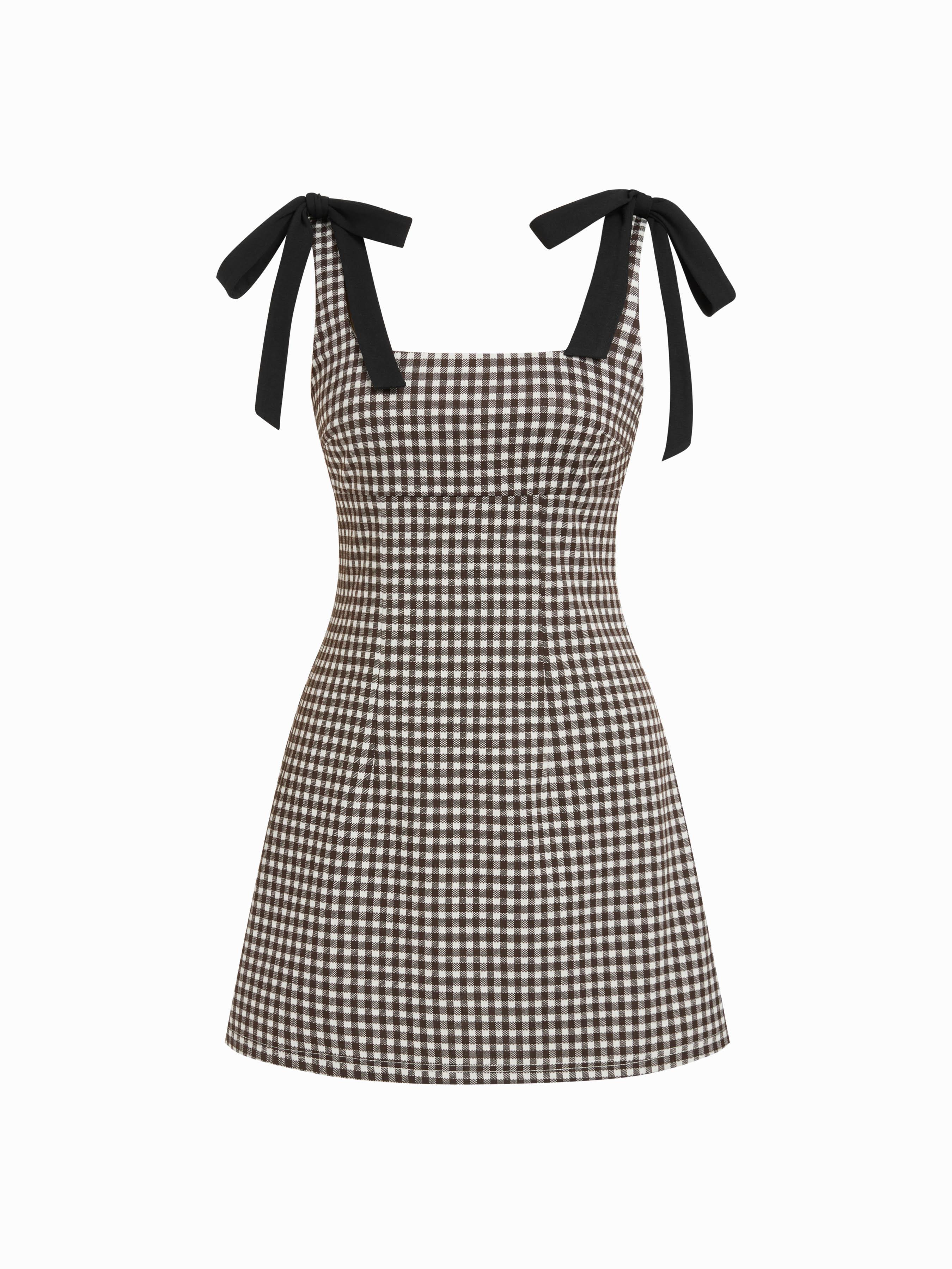 Cotton-blend Square Neck Bowknot Gingham A-line Mini Dress by CIDER