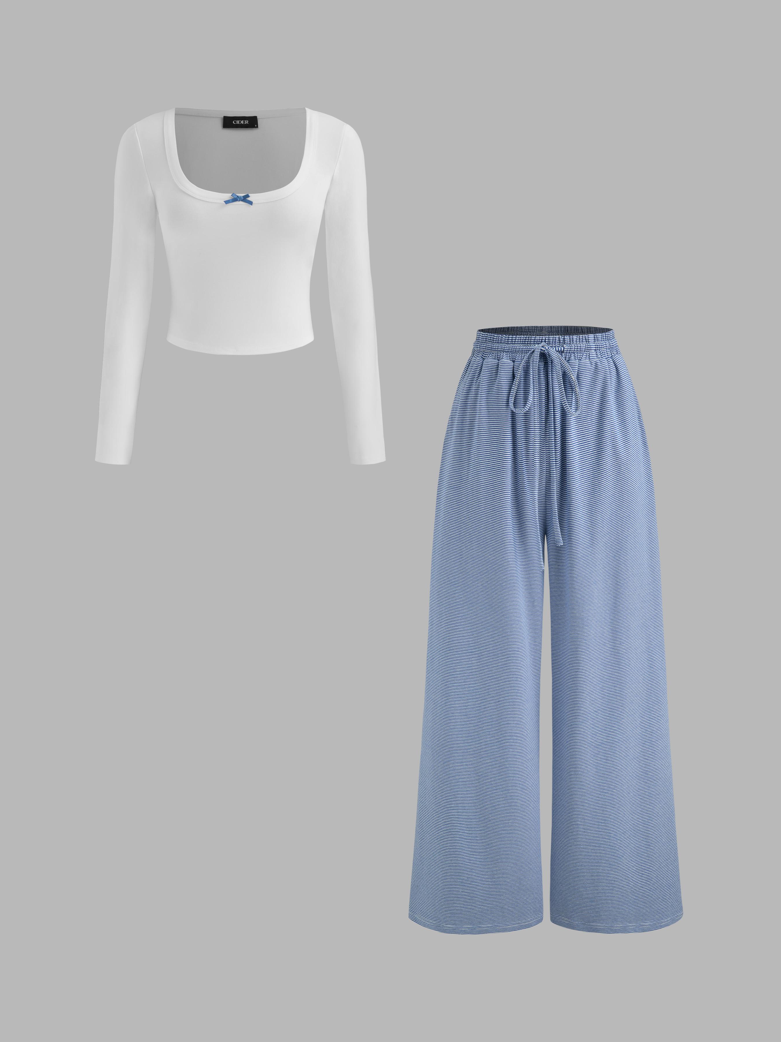 Cotton-blend Square Neck Bowknot Top & High Rise Striped Knotted Wide Leg Trousers Set by CIDER