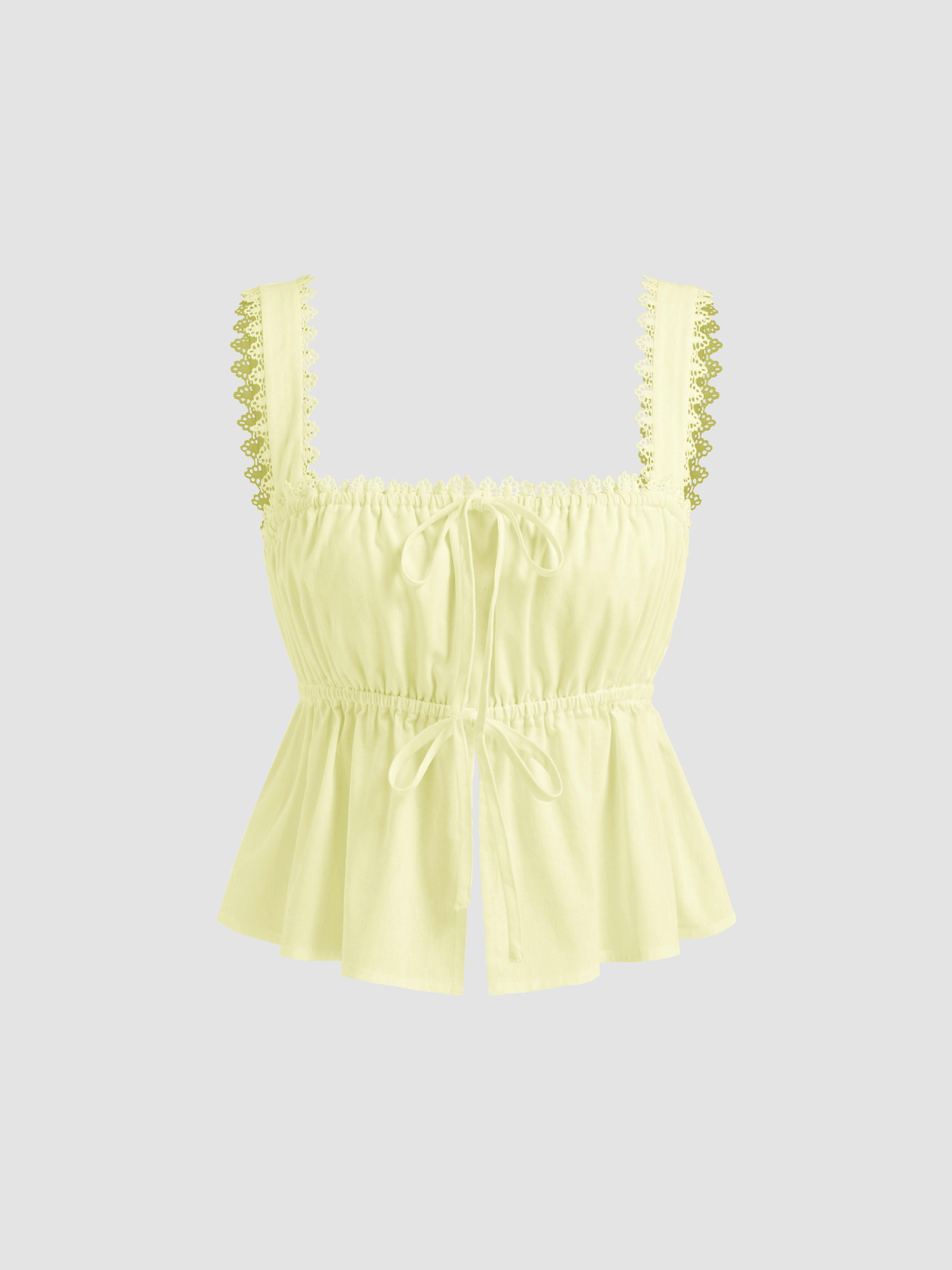 Cotton-blend Square Neck Broderie Anglaise Tie Front Bow Top by CIDER