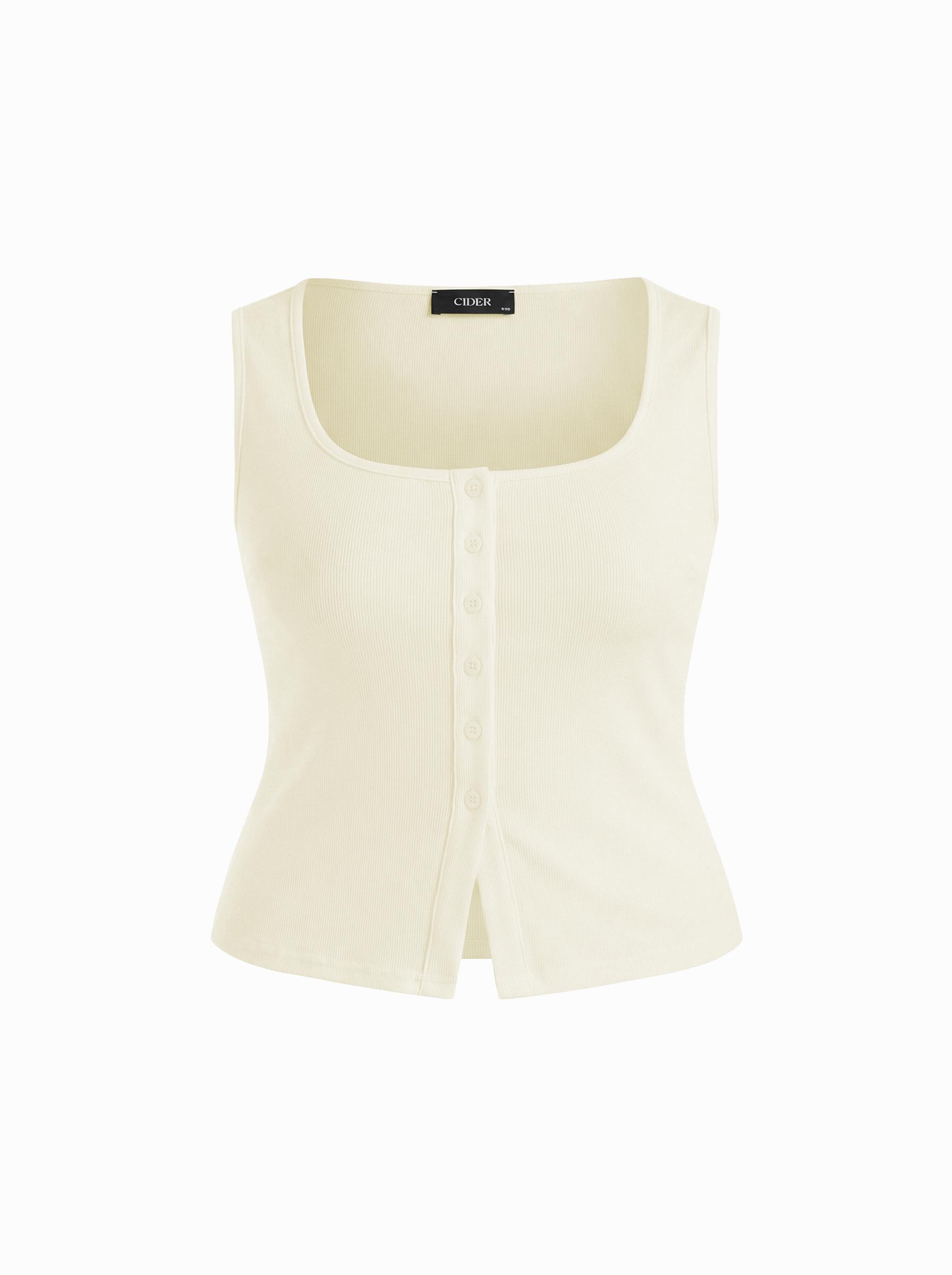 Cotton-blend Square Neck Button Front Tank Top Curve & Plus by CIDER