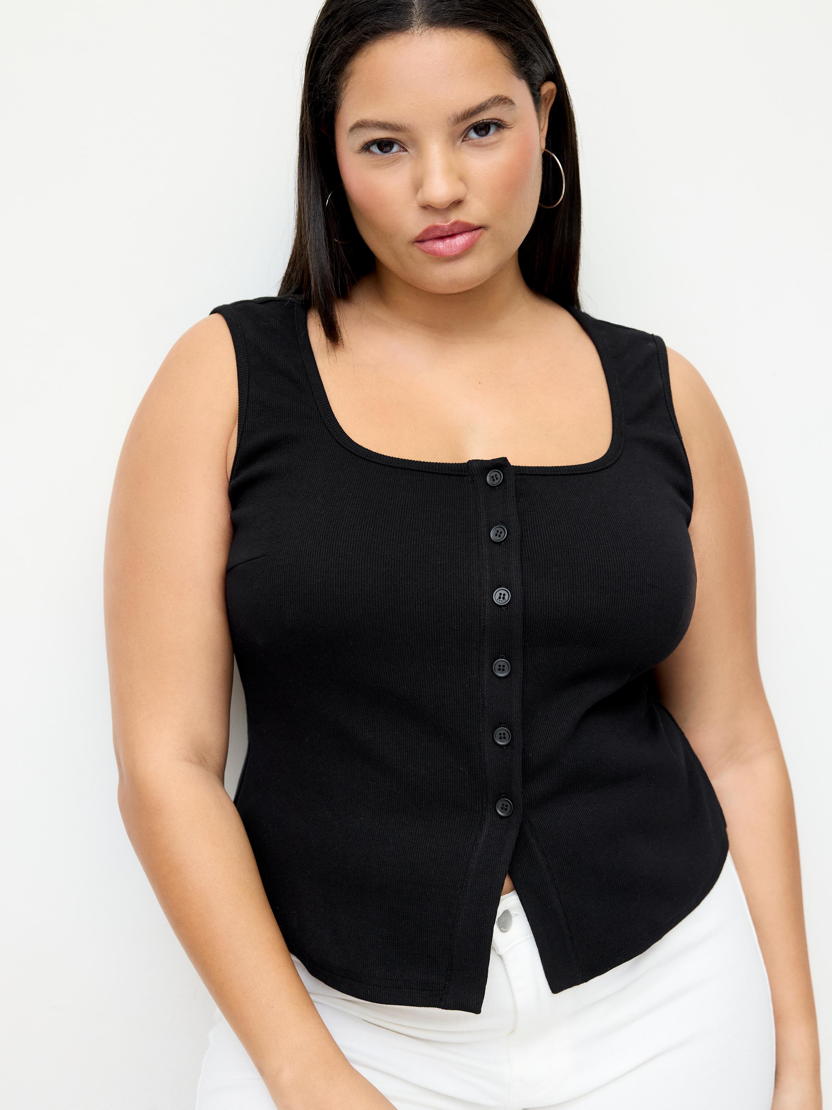 Cotton-blend Square Neck Button Front Tank Top Curve & Plus by CIDER