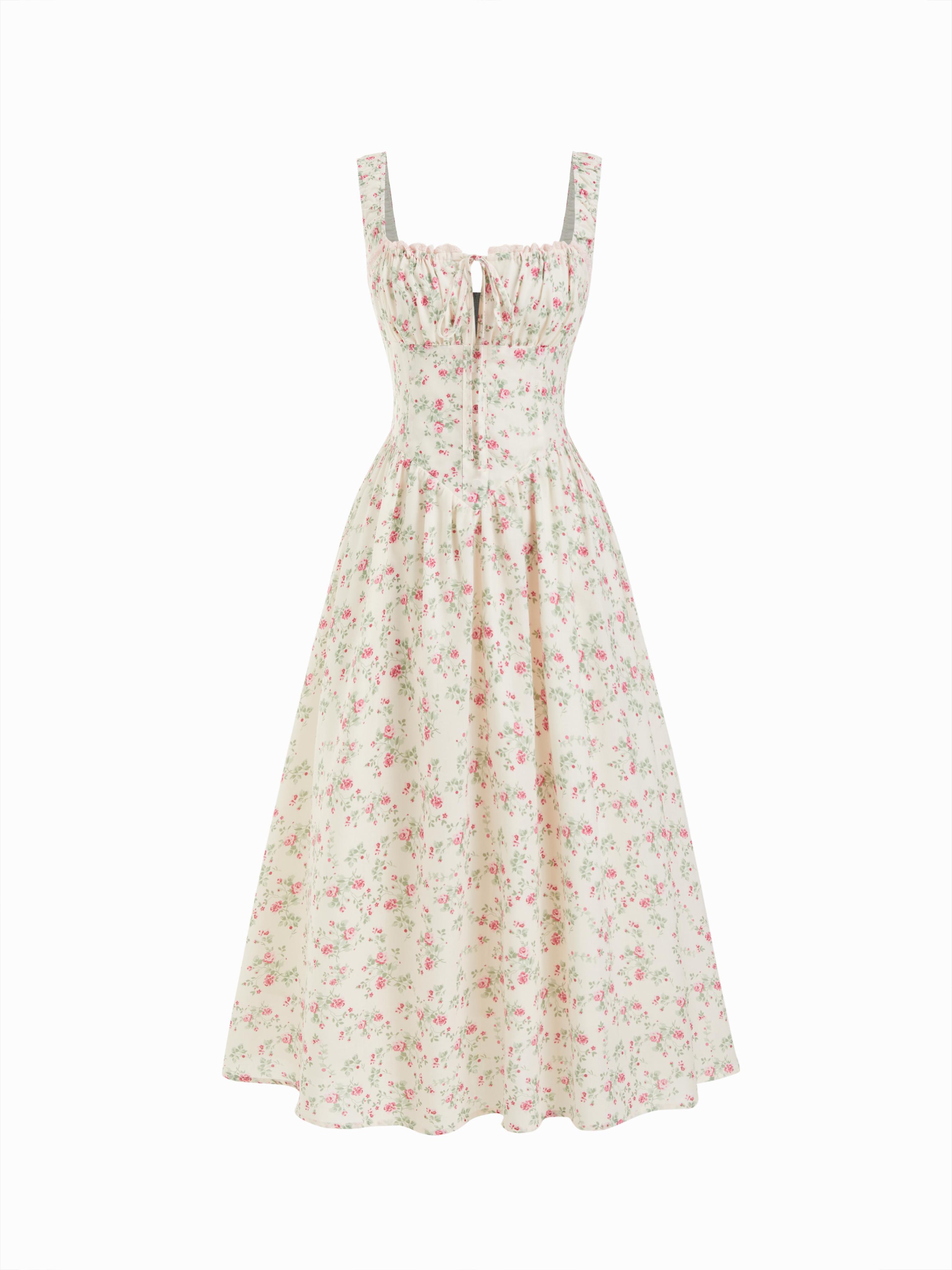 Cotton-blend Square Neck Floral Knotted Shirred Midi Dress by CIDER