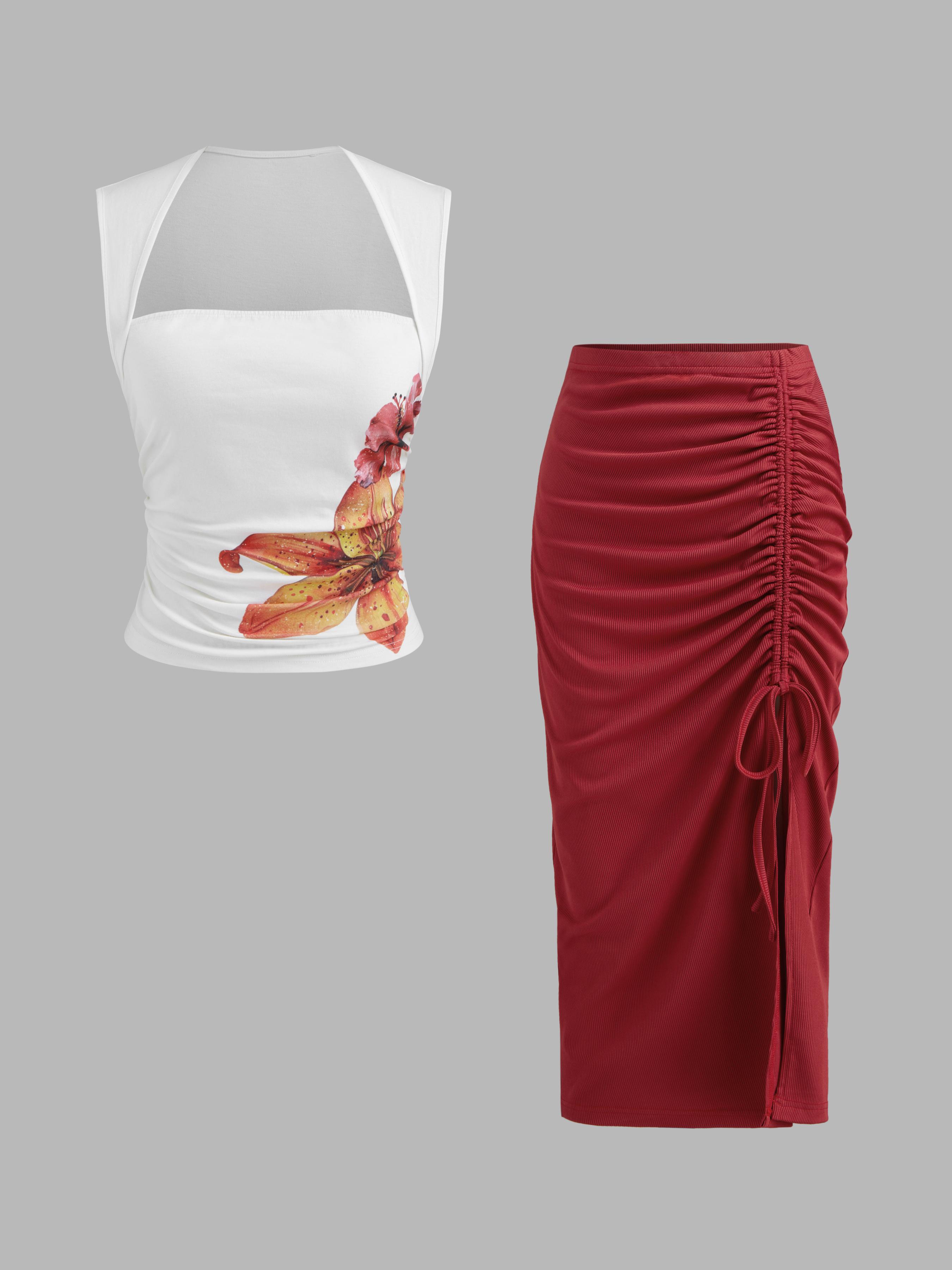 Cotton-blend Square Neck Floral Ruched Tank Top & Mid Rise Solid Drawstring Midi Skirt Set by CIDER