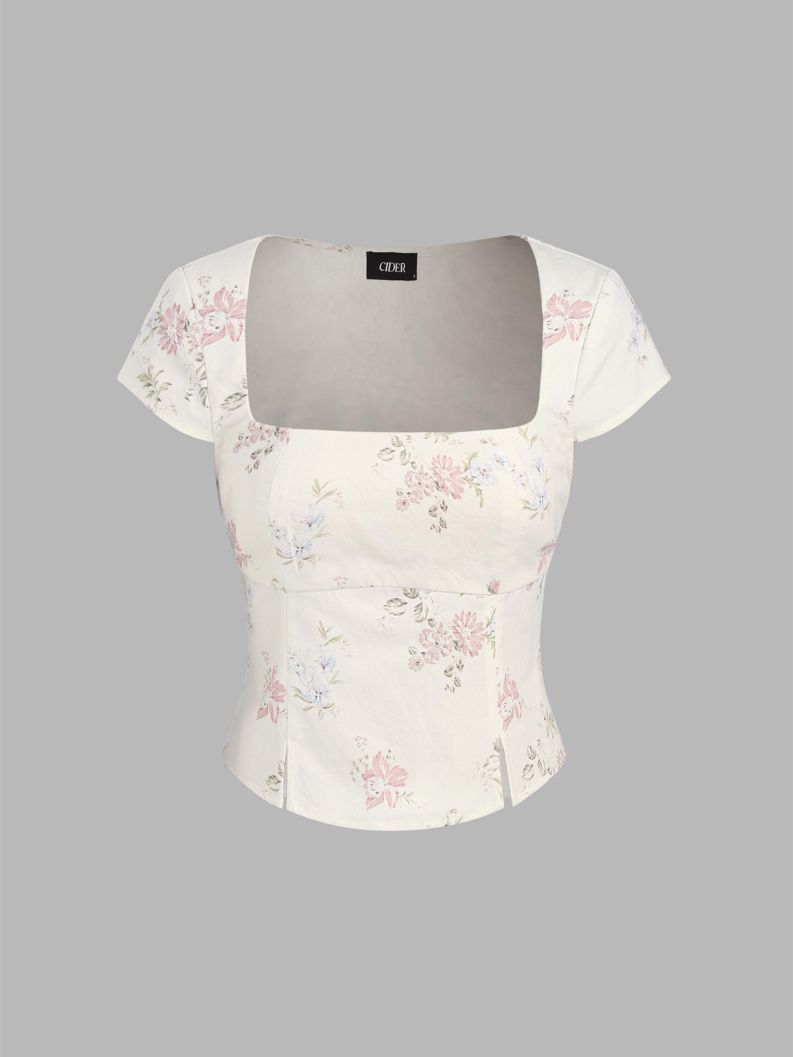Cotton-blend Square Neck Floral Top by CIDER
