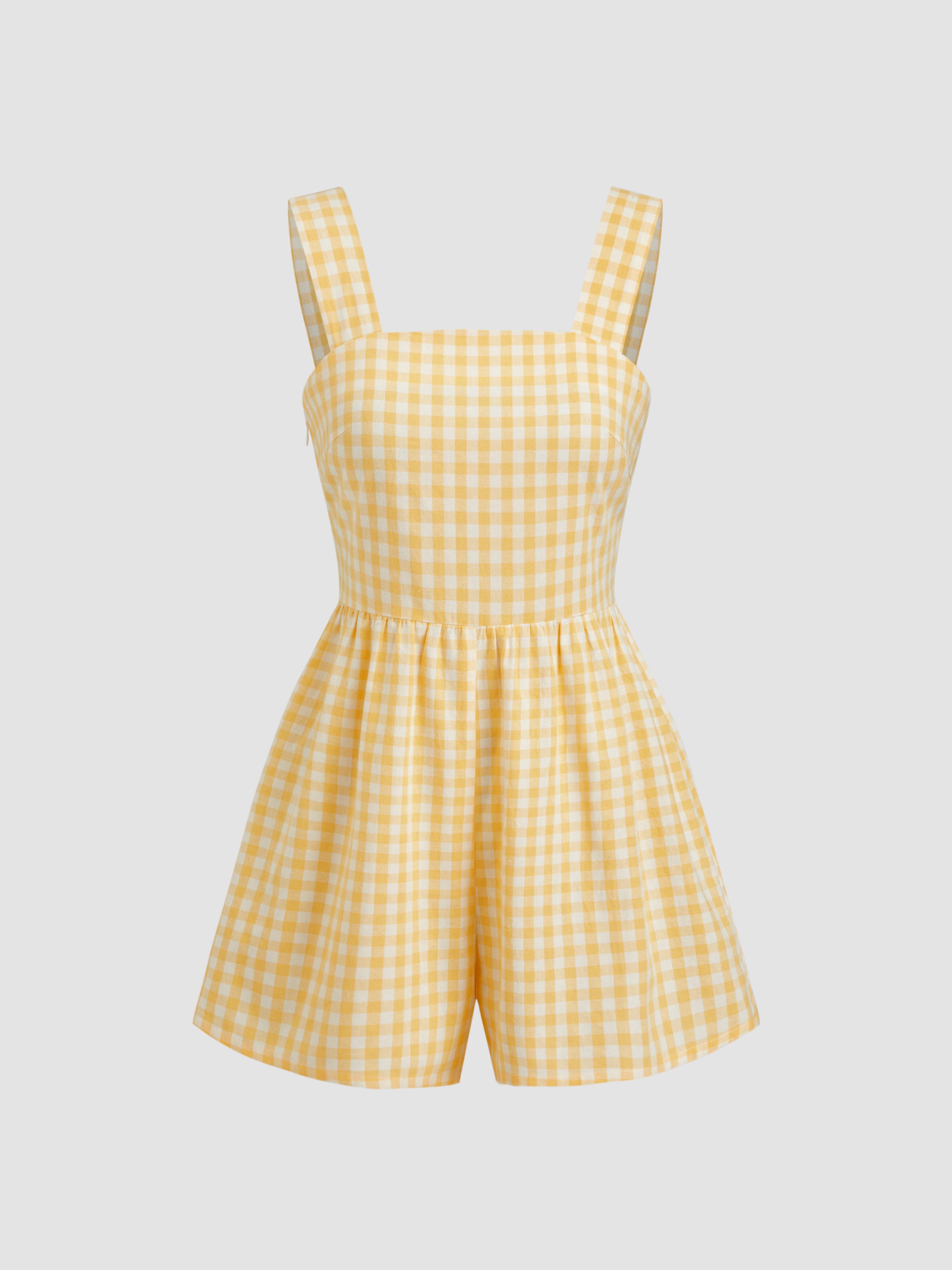 Cotton-blend Square Neck Gingham Bowknot Romper by CIDER