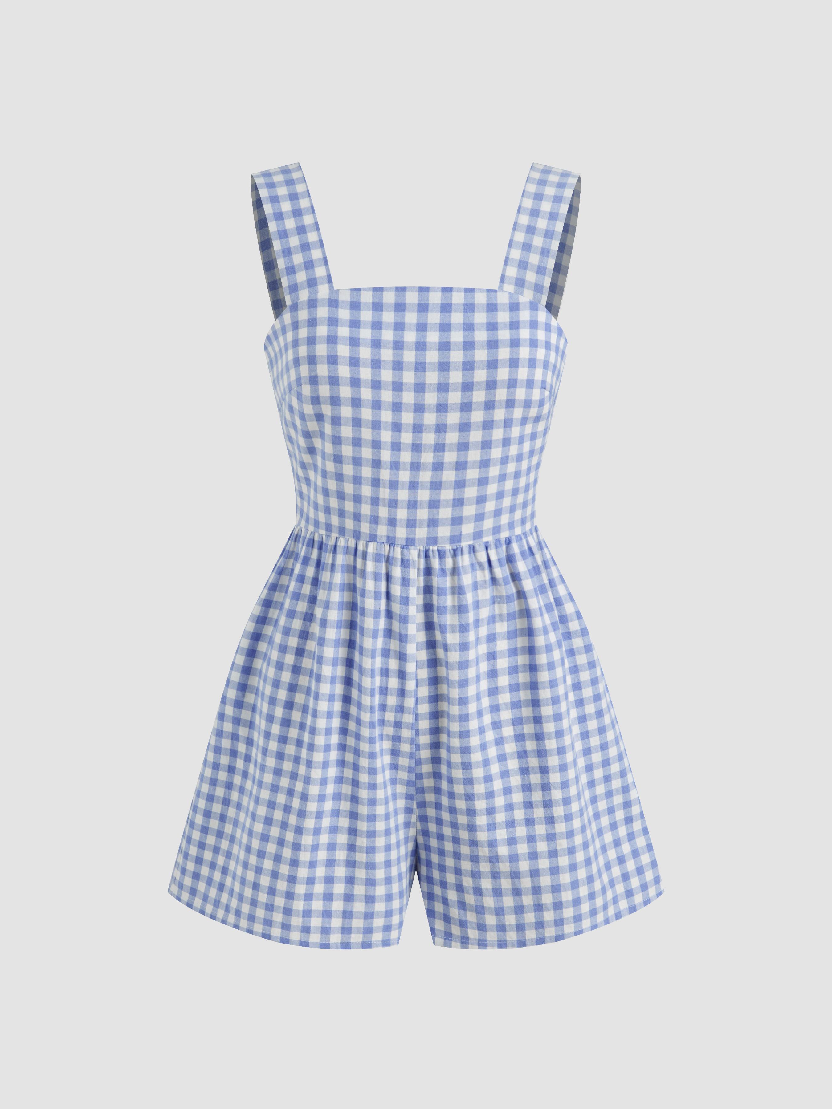 Cotton-blend Square Neck Gingham Bowknot Romper by CIDER