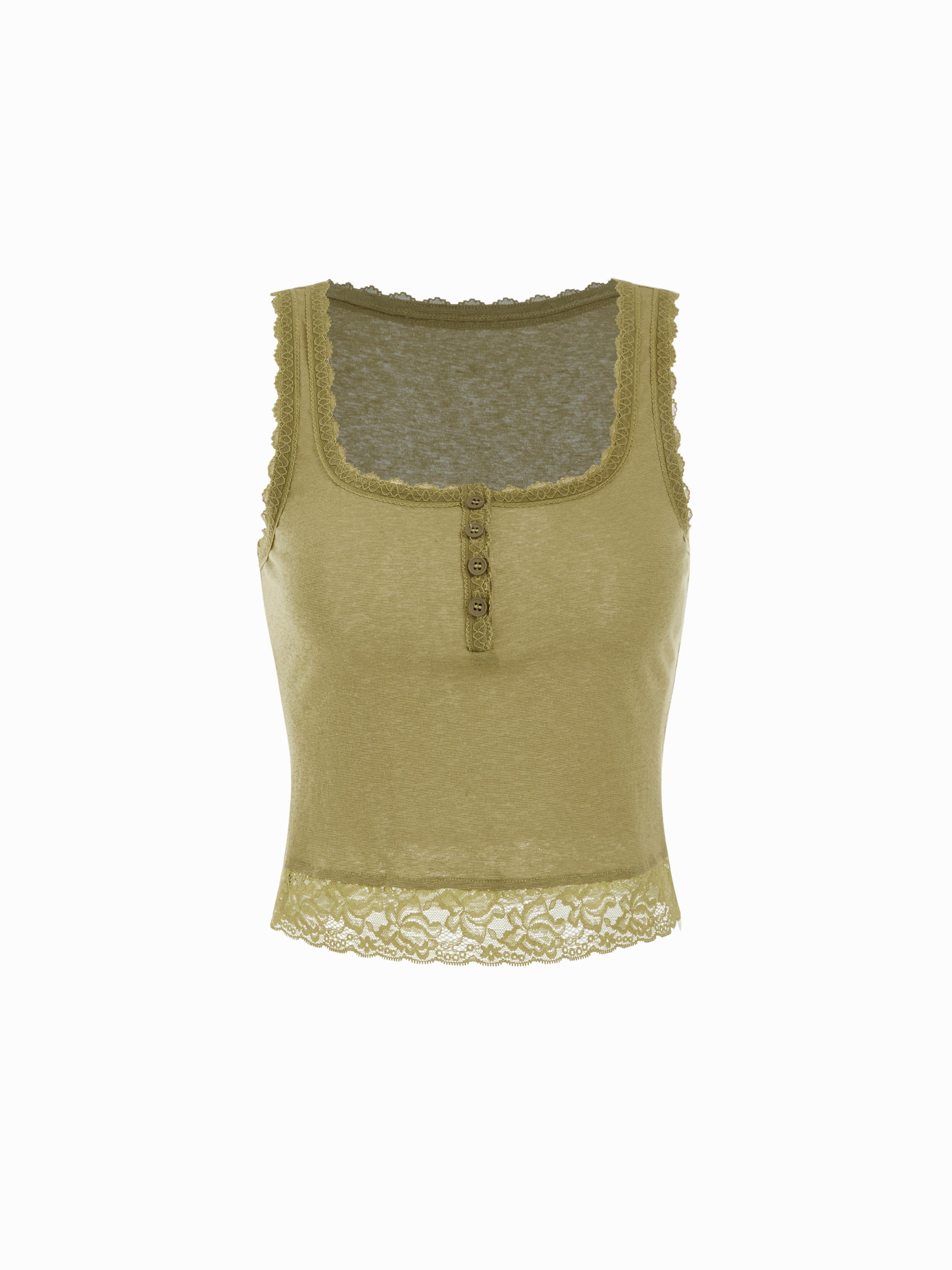 Cotton-blend Square Neck Lace Trim Tank Top by CIDER