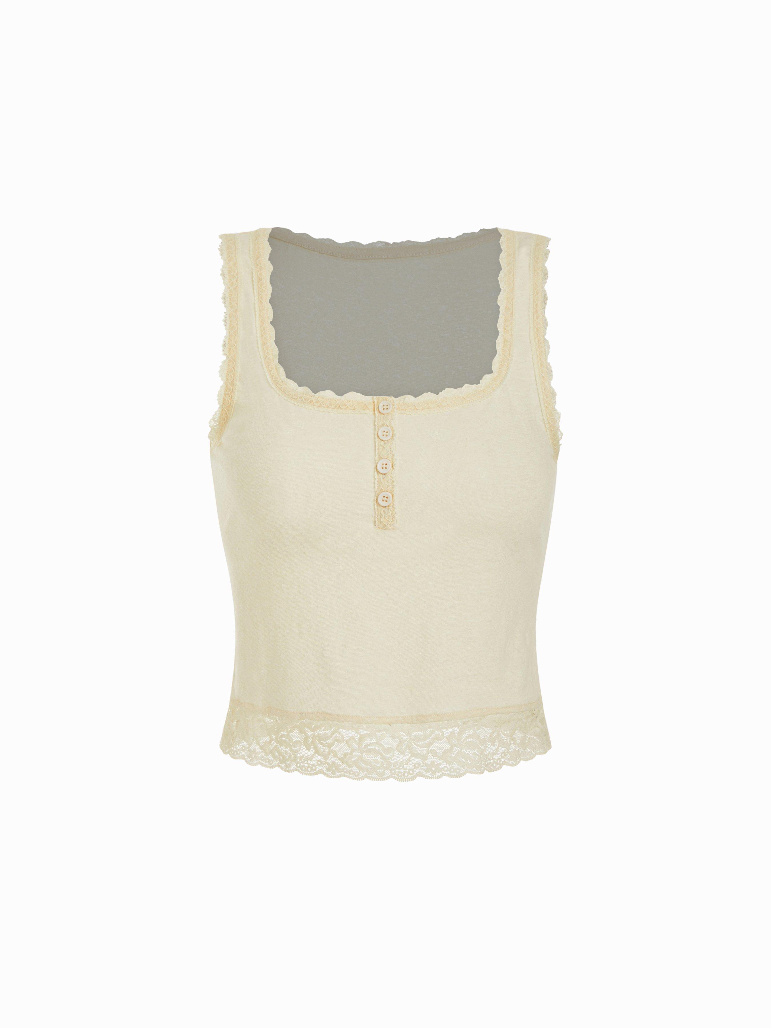 Cotton-blend Square Neck Lace Trim Tank Top by CIDER