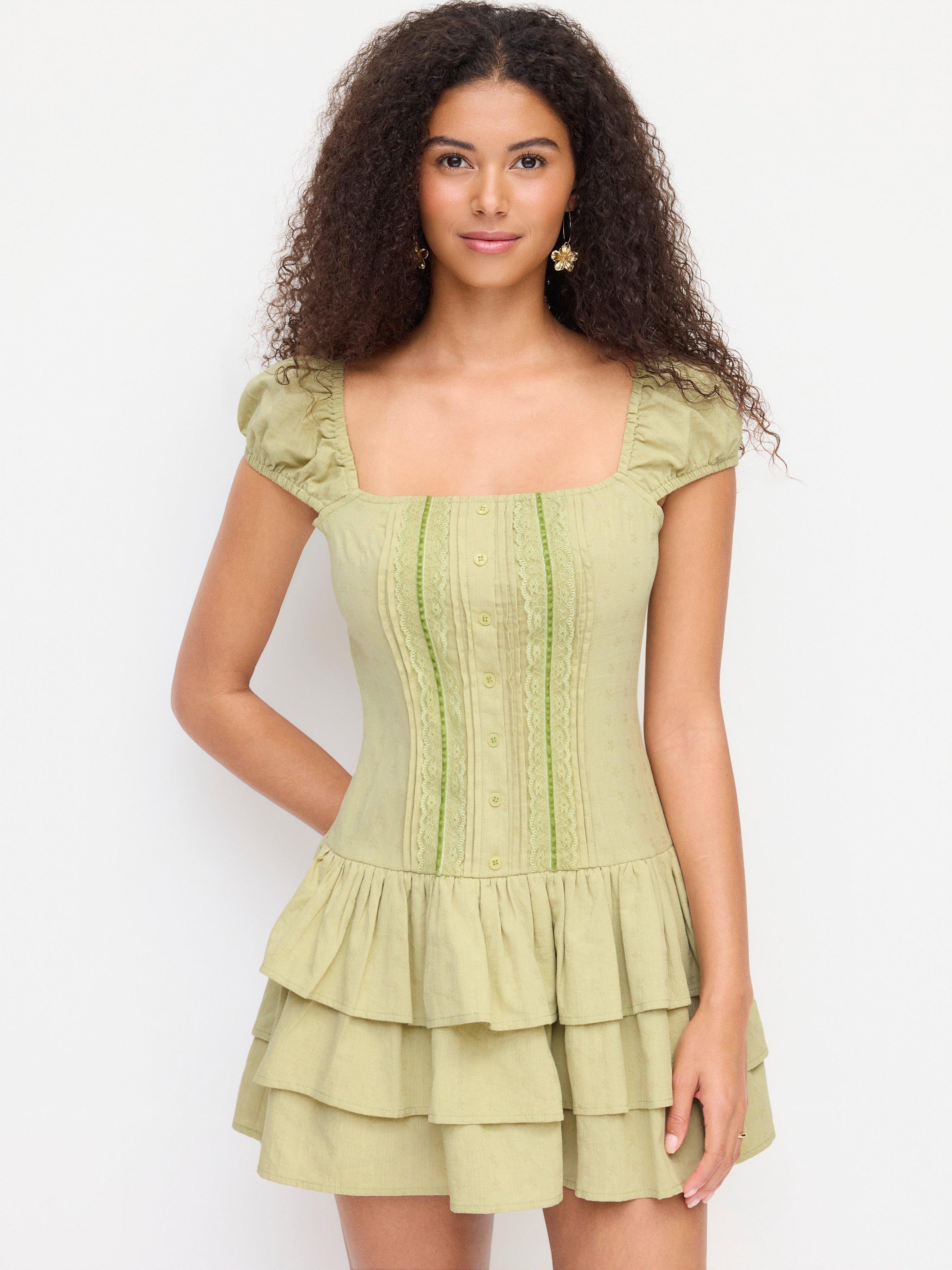 Cotton-blend Square Neck Lantern Sleeve Lace Panel Tiered Mini Dress by CIDER