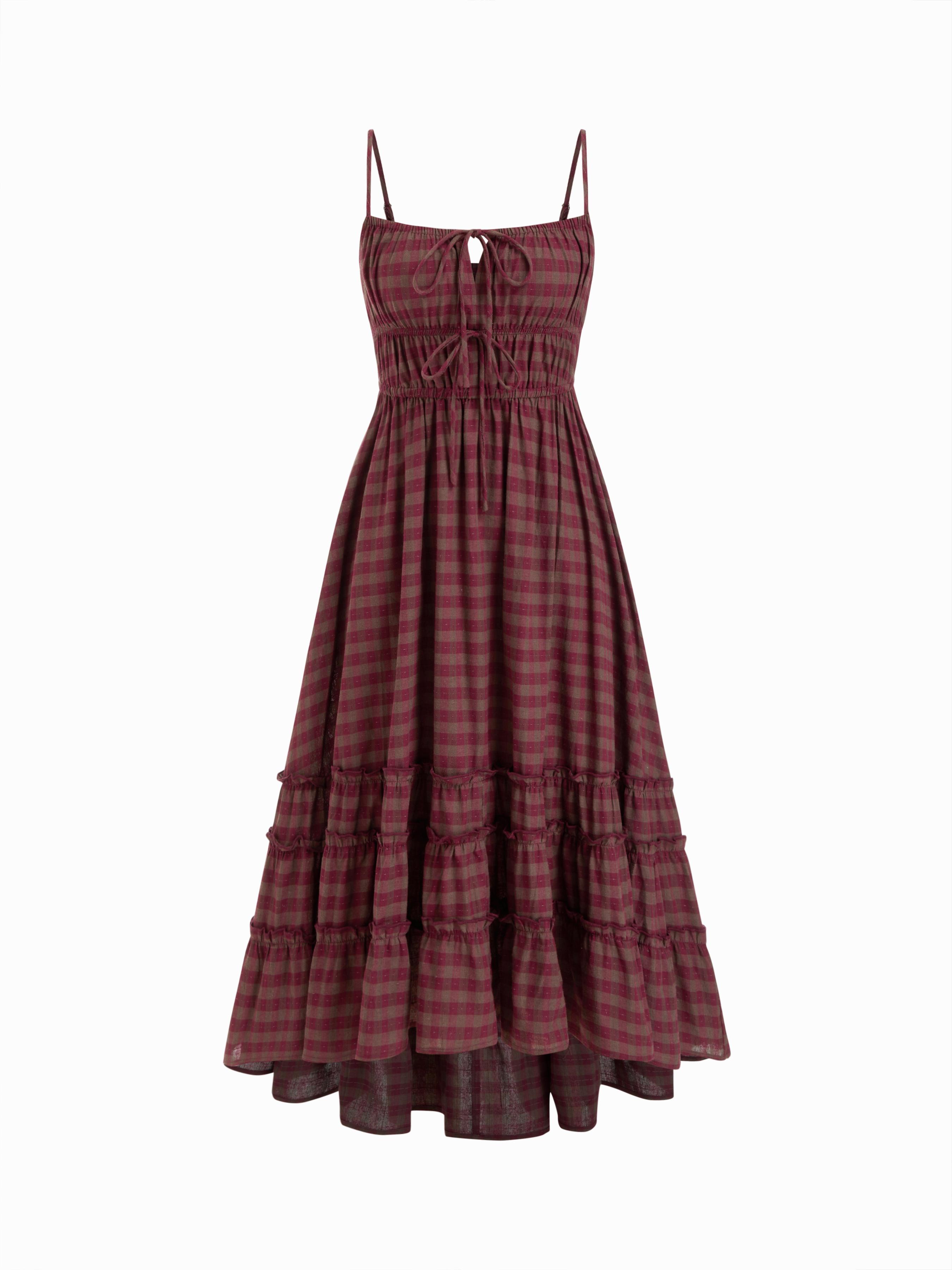 Cotton-blend Square Neck Plaid Lettuce Trim Tie Front Asymmetrical Hem Maxi Dress by CIDER