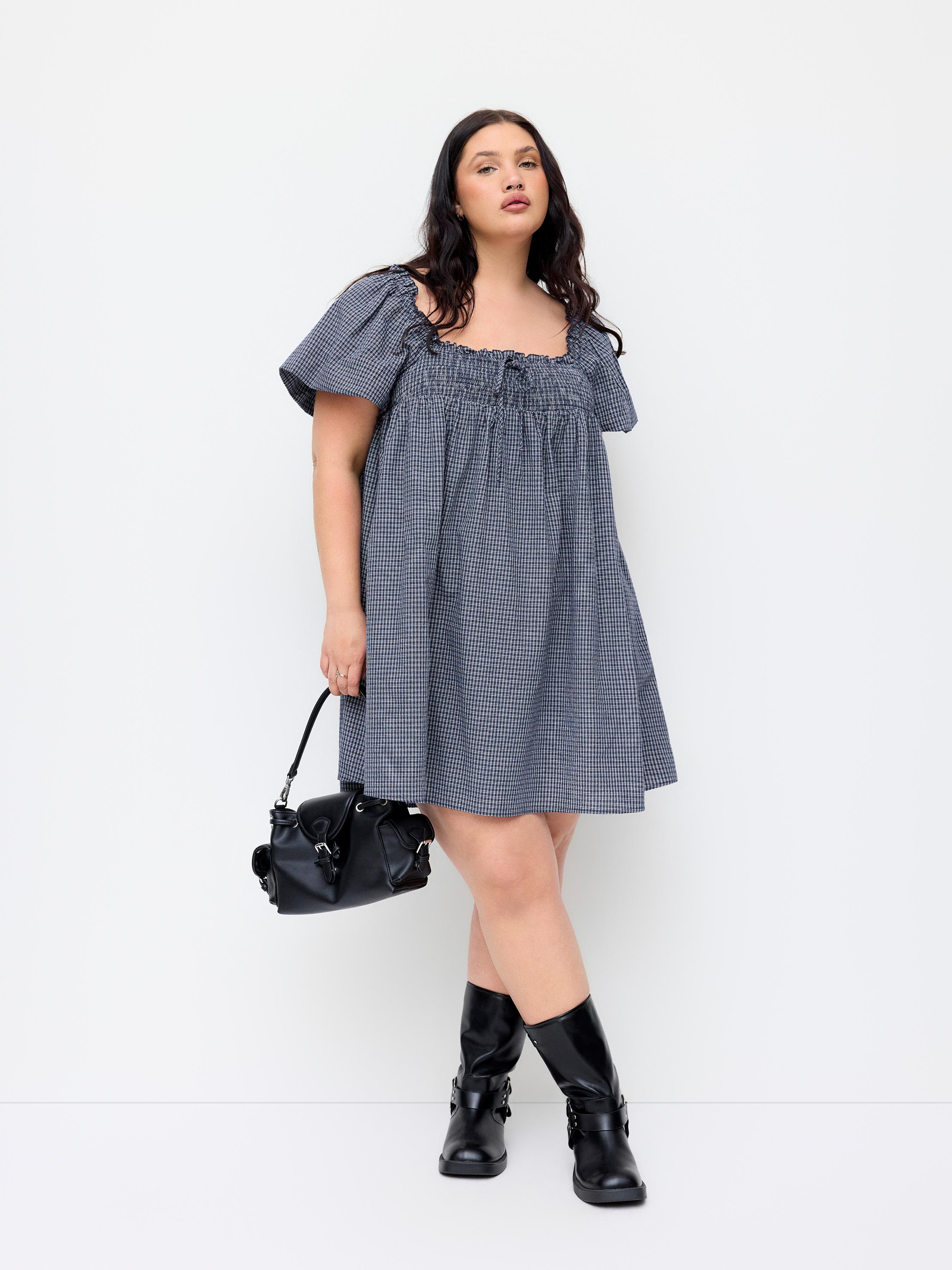 Cotton-blend Square Neck Plaid Puff Sleeve Smock Mini Dress Curve & Plus by CIDER