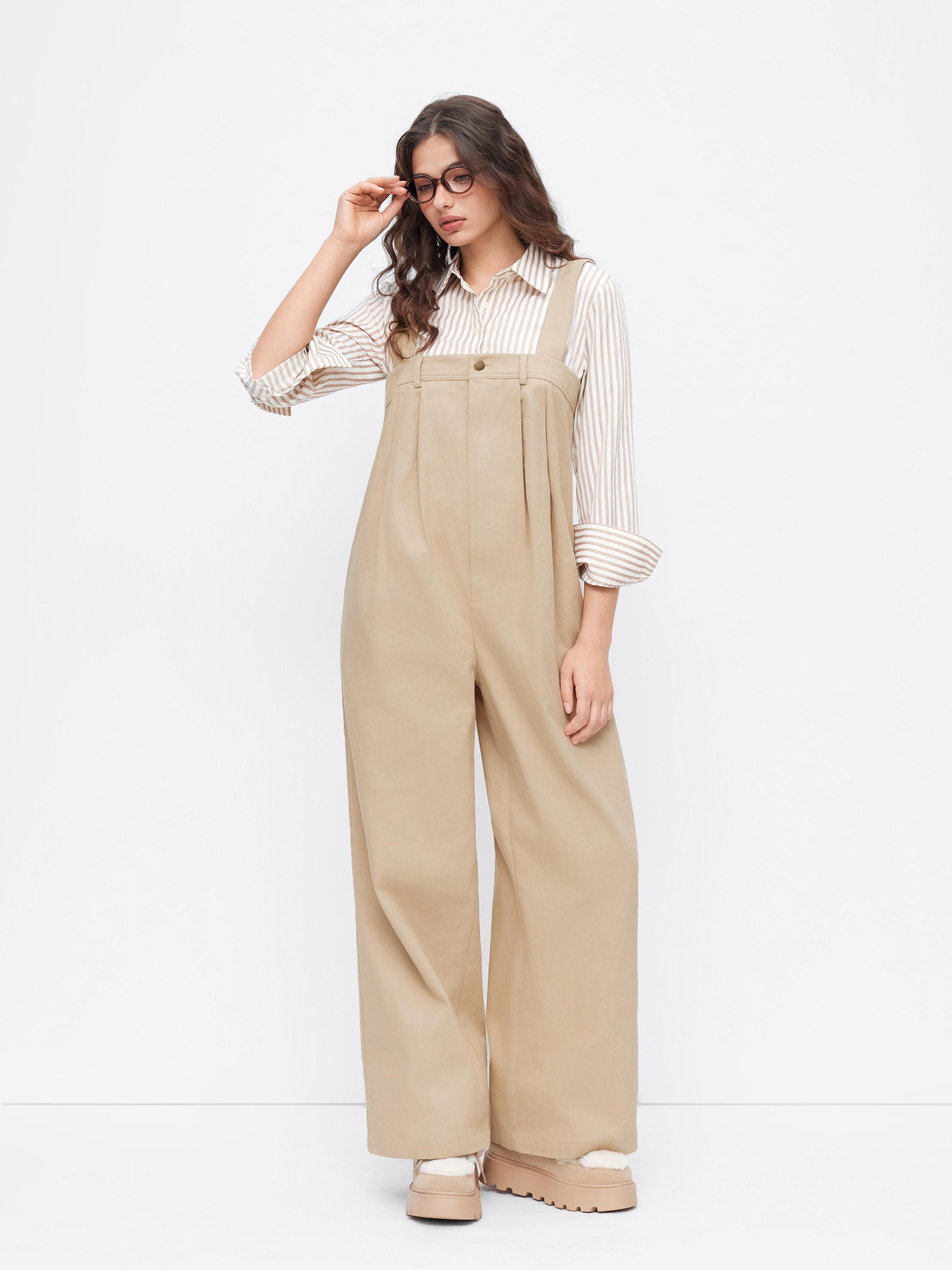 Cotton-blend Square Neck Pleated Button Wide Leg Jumpsuit by CIDER