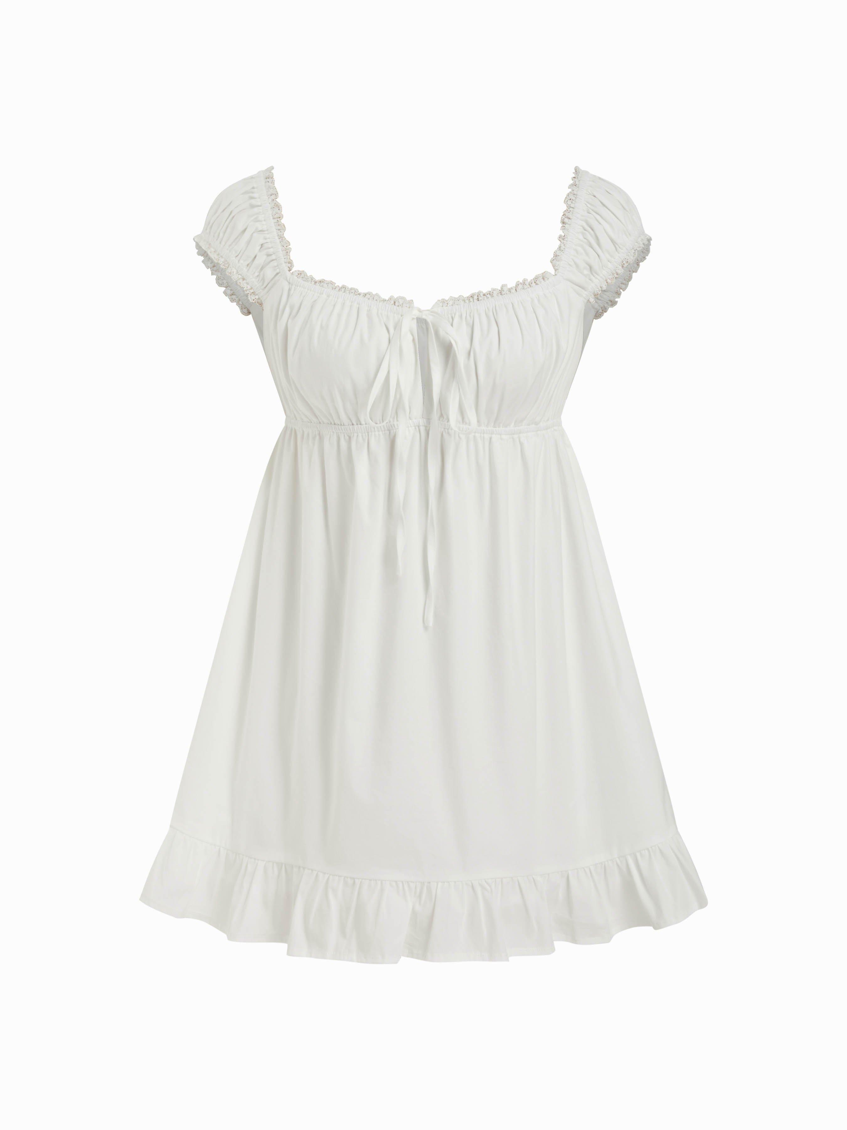 Cotton-blend Square Neck Puff Sleeve Drawstring Ruffle Hem Oversized Babydoll Mini Dress by CIDER