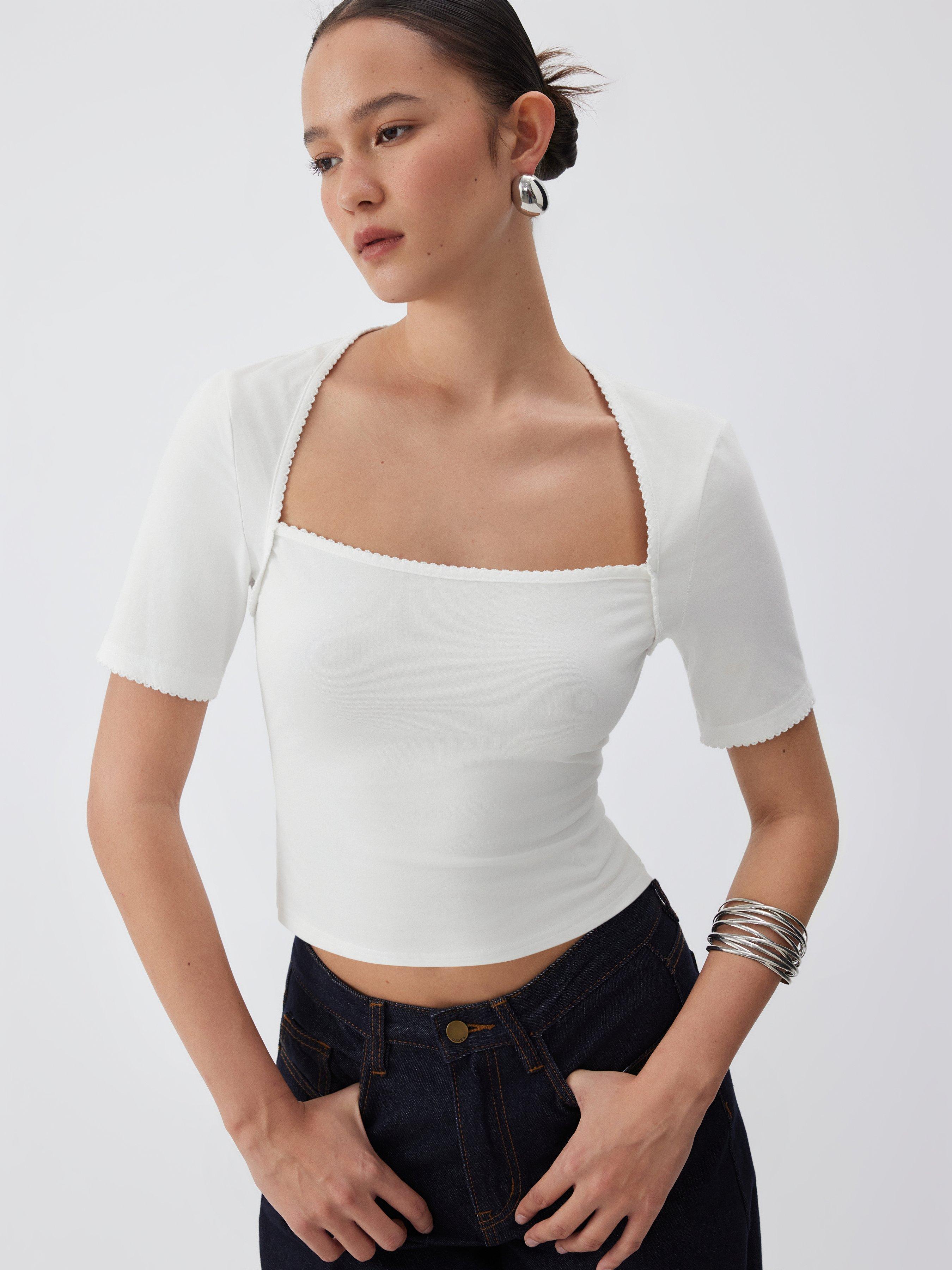 Cotton-blend Square Neck Scallop Trim Short Sleeve Tee by CIDER