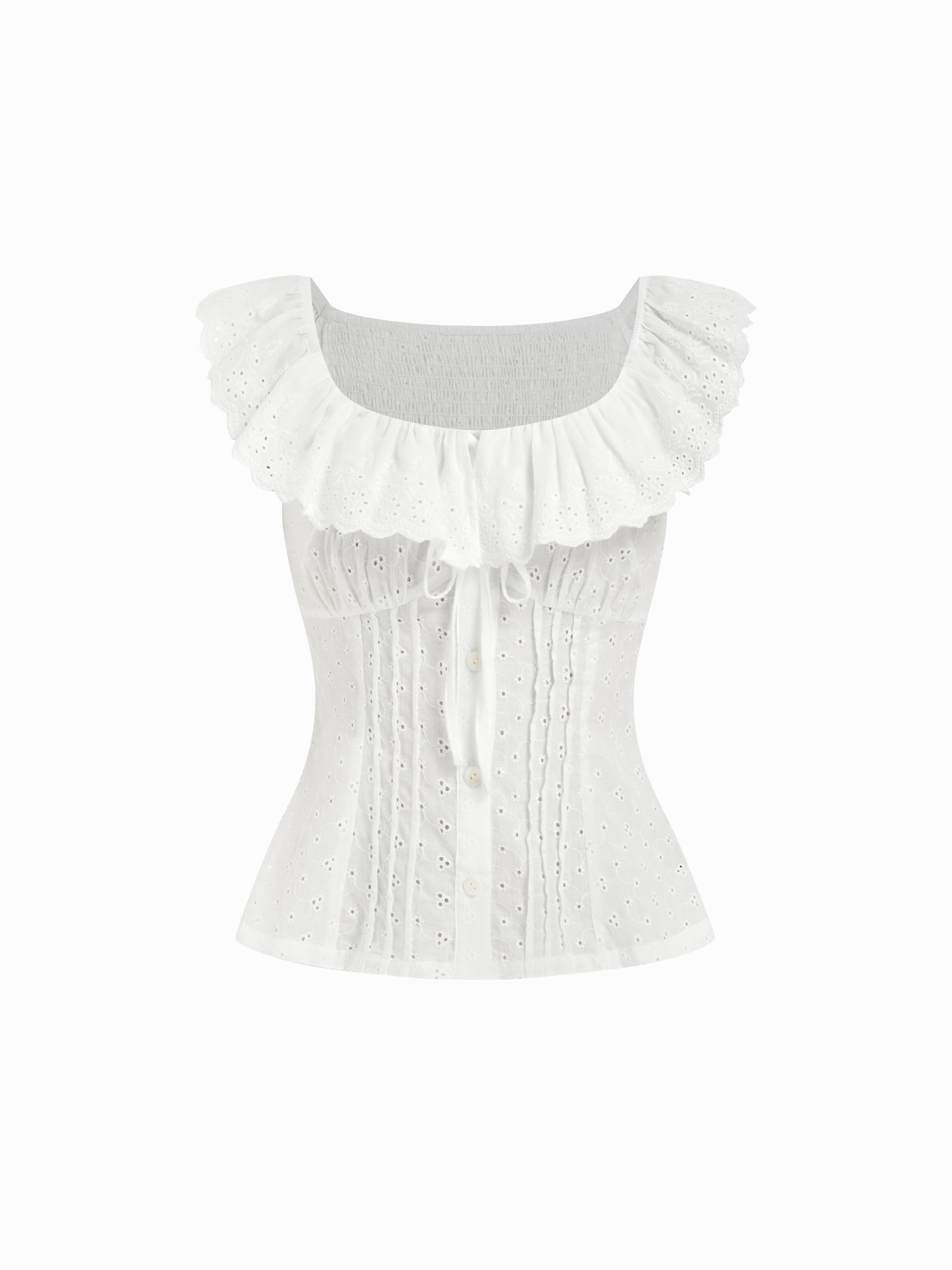 Cotton-blend Square Neck See-Through Broderie Anglaise Button Blouse by CIDER