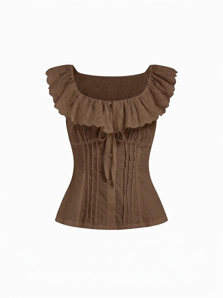 Cotton-blend Square Neck See-Through Broderie Anglaise Button Blouse by CIDER