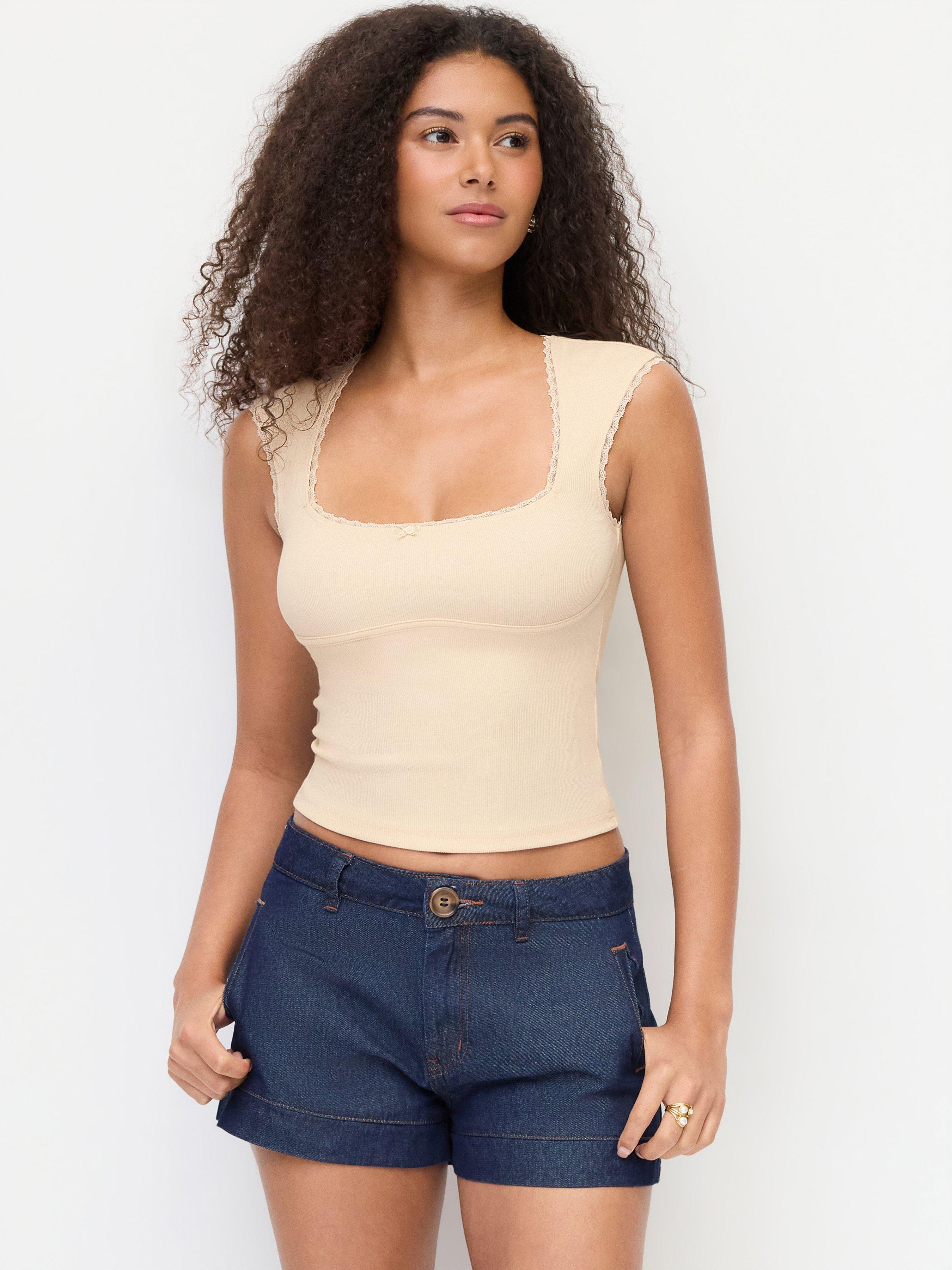 Cotton-blend Square Neck Short Sleeve Lace Trim Bowknot Tee by CIDER