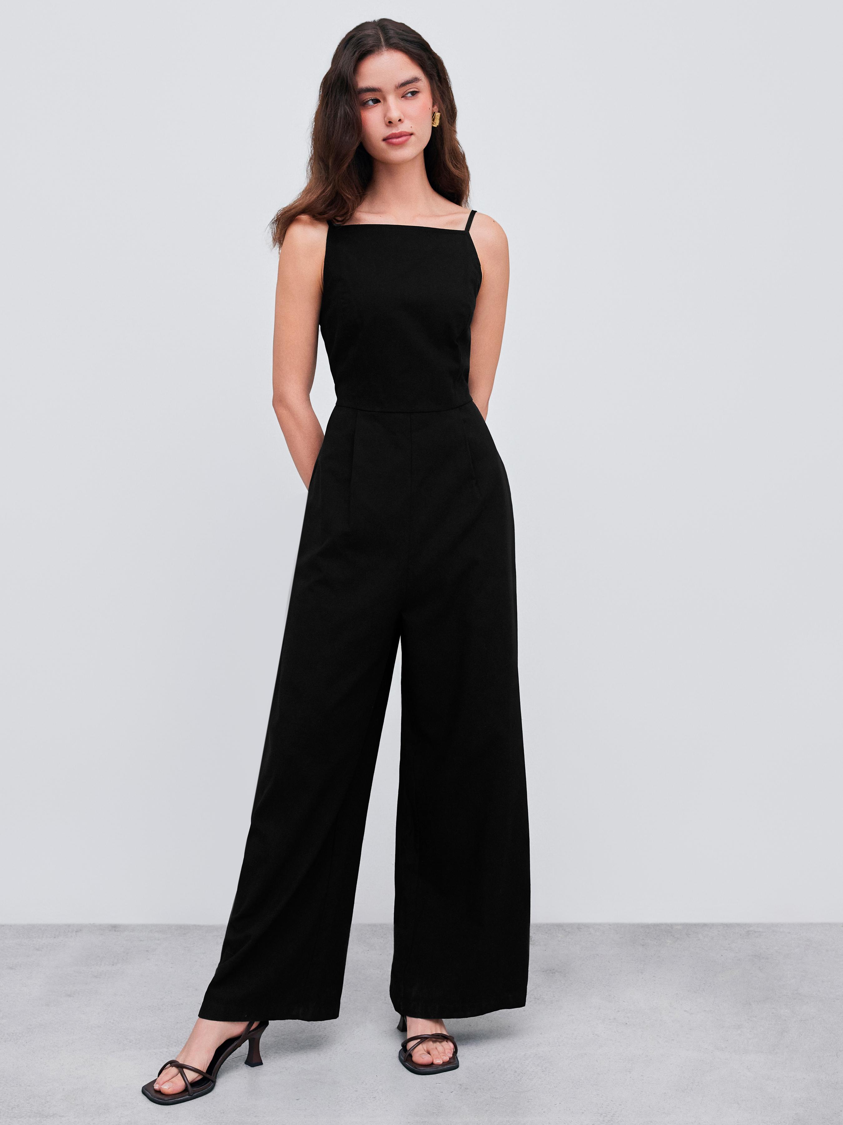 Cotton-blend Square Neck Solid Shirred Jumpsuit by CIDER