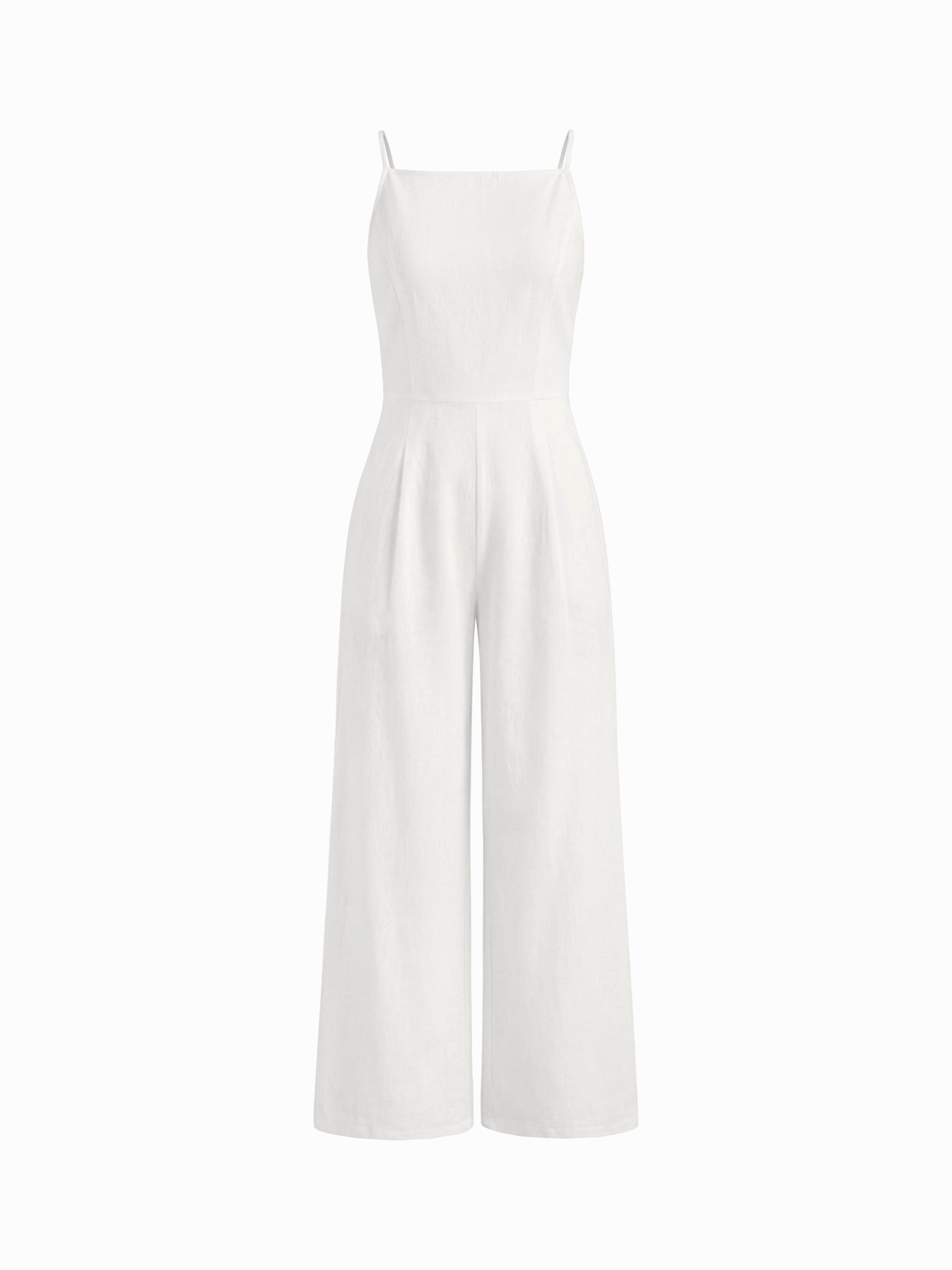Cotton-blend Square Neck Solid Shirred Jumpsuit by CIDER