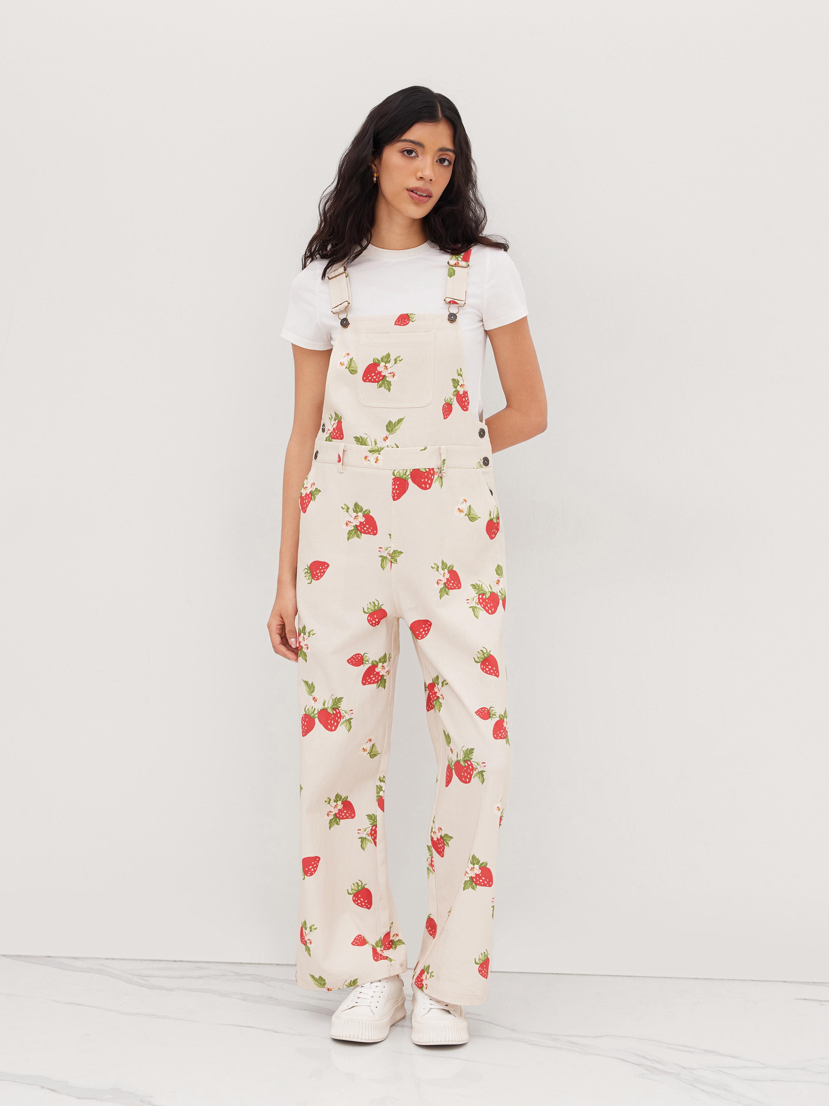 Cotton-blend Square Neck Strawberry Wide Leg Jumpsuit by CIDER