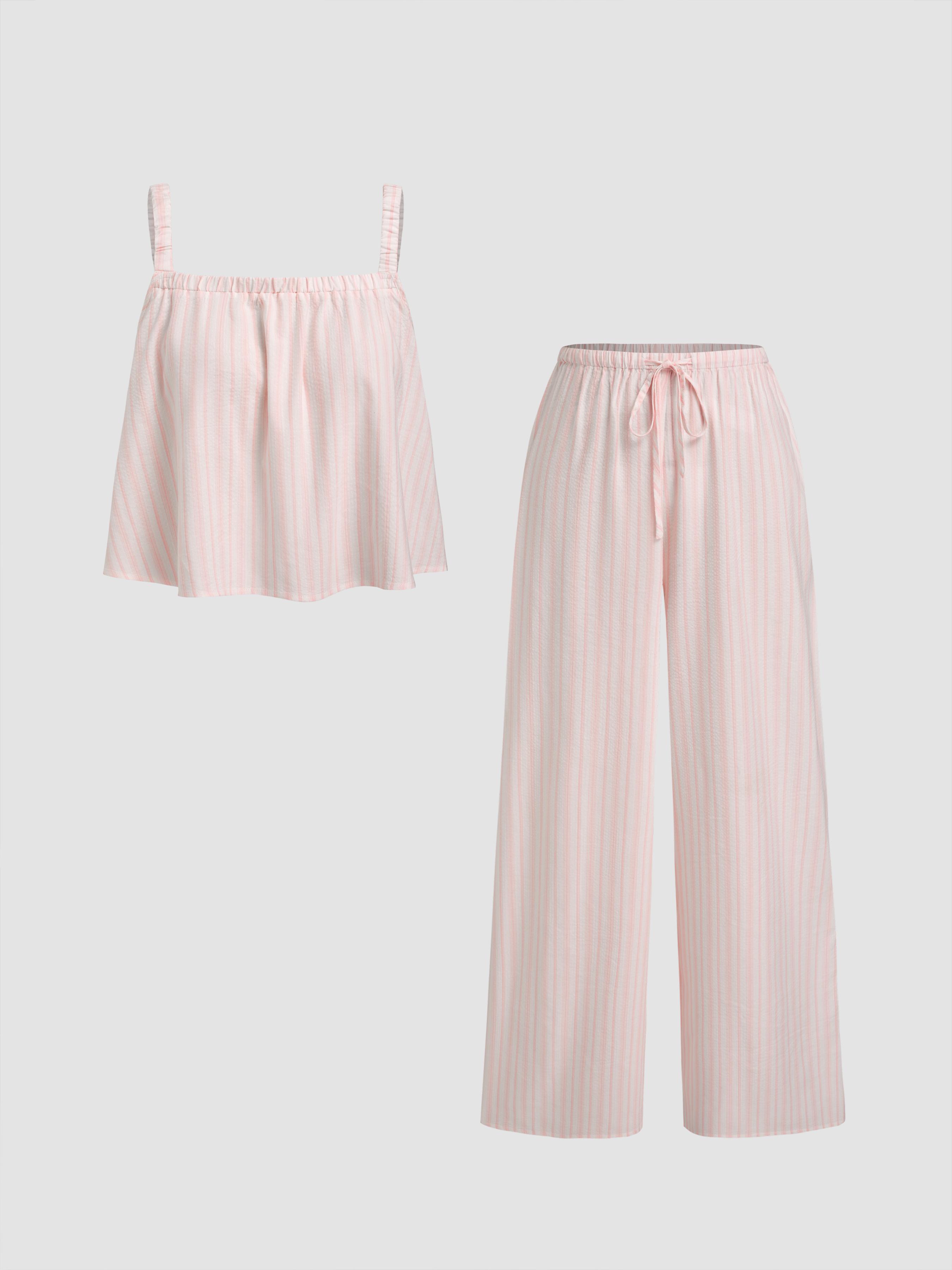 Cotton-blend Square Neck Stripe Oversized Cami Top & Mid Rise Drawstring Straight Leg Trousers Loungewear Set by CIDER