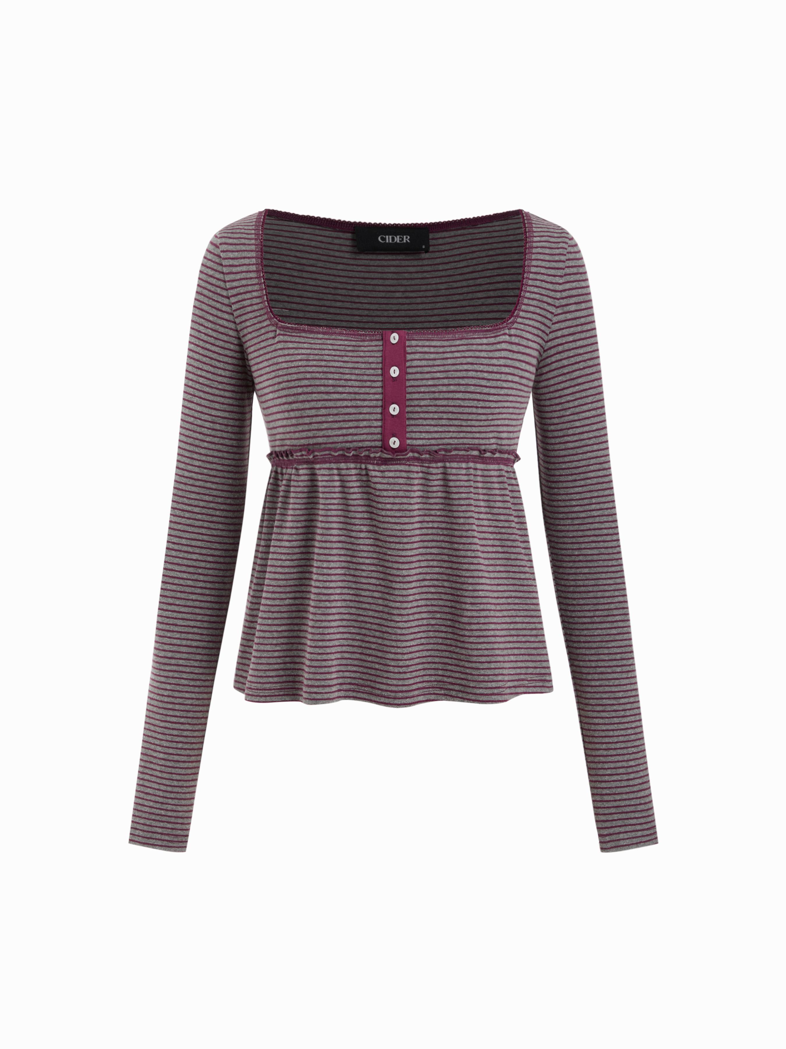 Cotton-blend Square Neck Striped Lettuce Trim Tee by CIDER